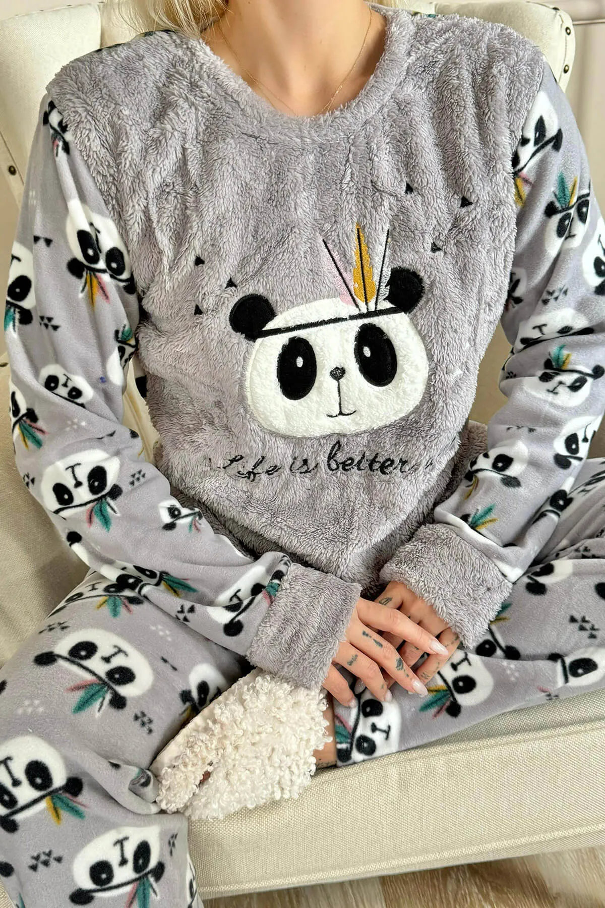 Pijamaevi  Damen-Pyjama-Set aus Plüsch mit Panda-Muster von Gray Life