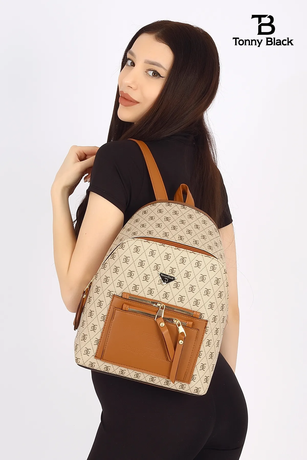Tonny Black  Original Damen-Rucksack und Umhängetasche mit verstellbarem Riemen, Komfortmodell, 3 Fächer, luxuriös, stilvoll, mit mehreren Fächern