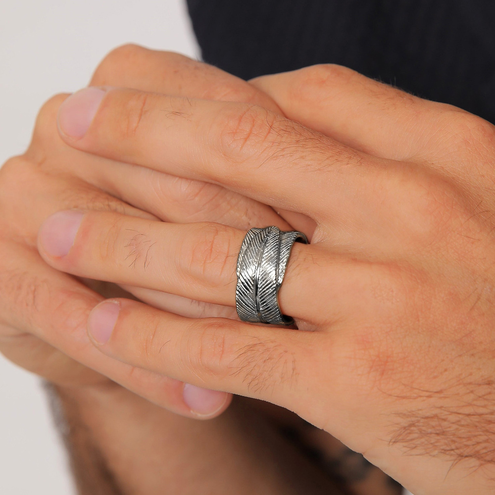 KUZZOI KUZZOI Bague Plume pour homme Déclaration Chunky Vintage Trend Solide en argent s Bague