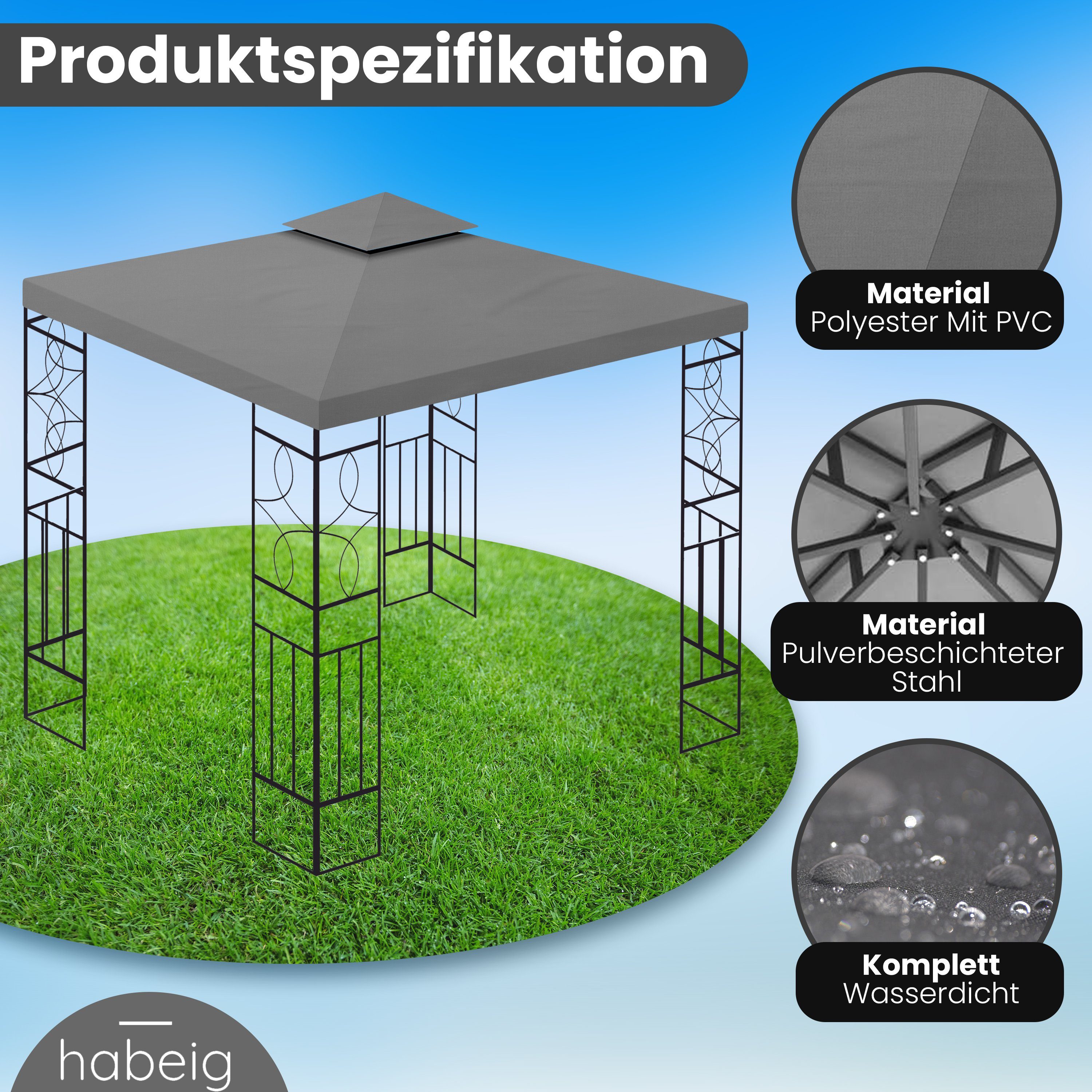 habeig Pavillon WASSERDICHTER Pavillon Romantika 3x3m Metall inkl. Dach wasserfest