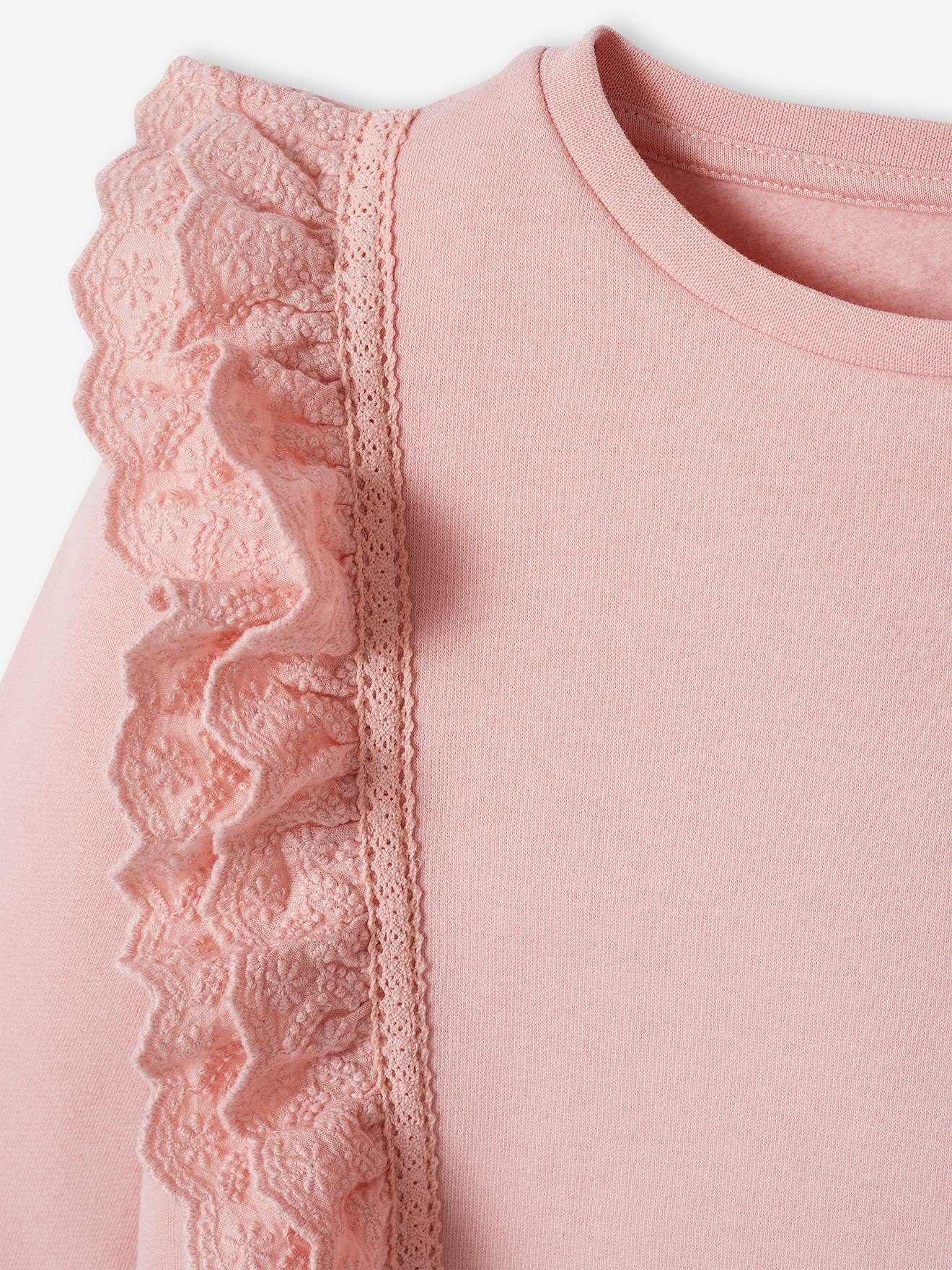 Sweat à volants brodés fleurs fille rose poudré