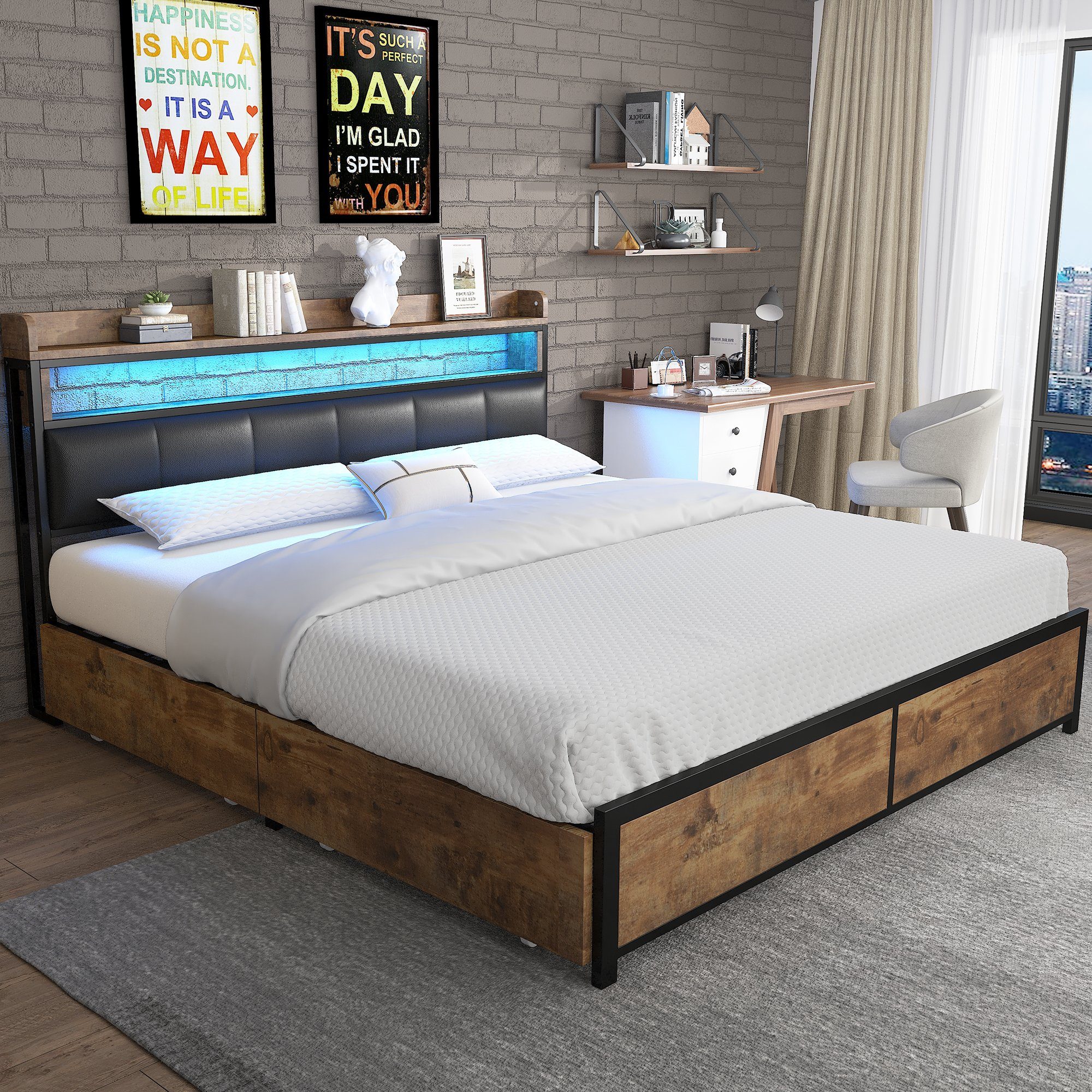 OKWISH Holzbett Polsterbett Jugendbett (160x200 cm Ohne Matratze, LED-Bett, Jugendbett, mit 4 Schubladen)