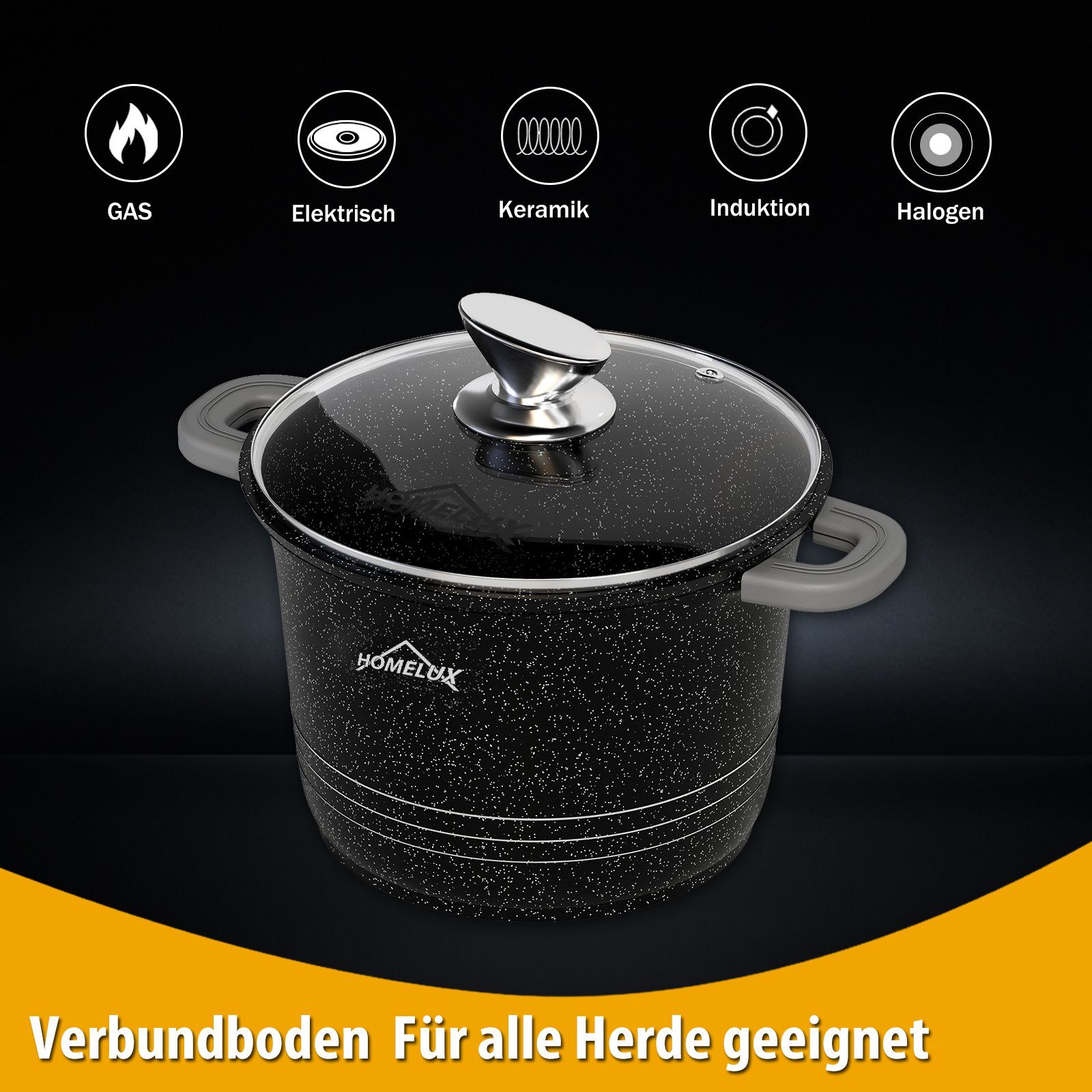 HOMELUX Suppentopf 24/28cm Tiefer Kochtopf Induktion mit Glasdeckel, Aluguss Schmortopf, Aluminium (Geeignet für alle Herdarten), induktionsgeeignet, Antihaftbeschichtung