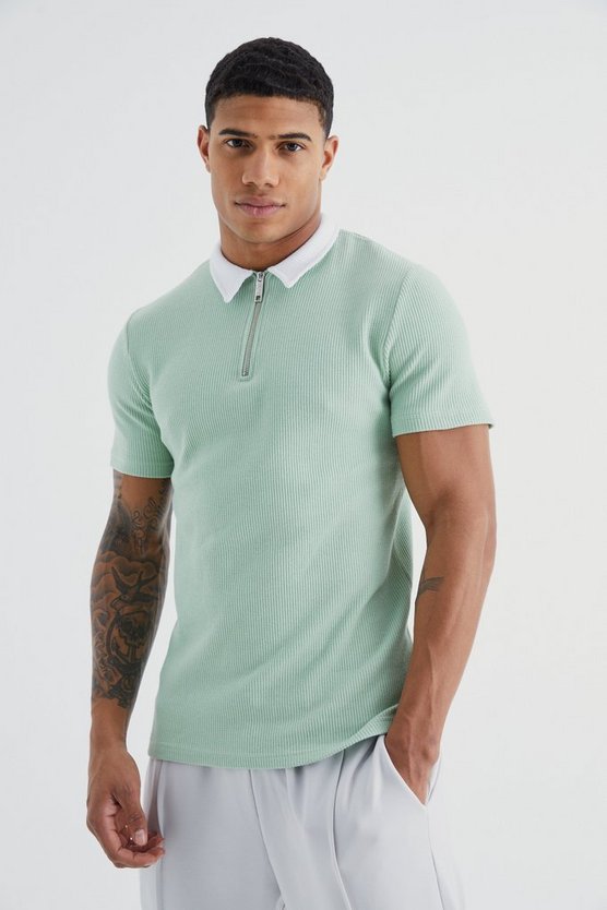 Kurzärmliges Muscle-Fit Poloshirt in Waffeloptik