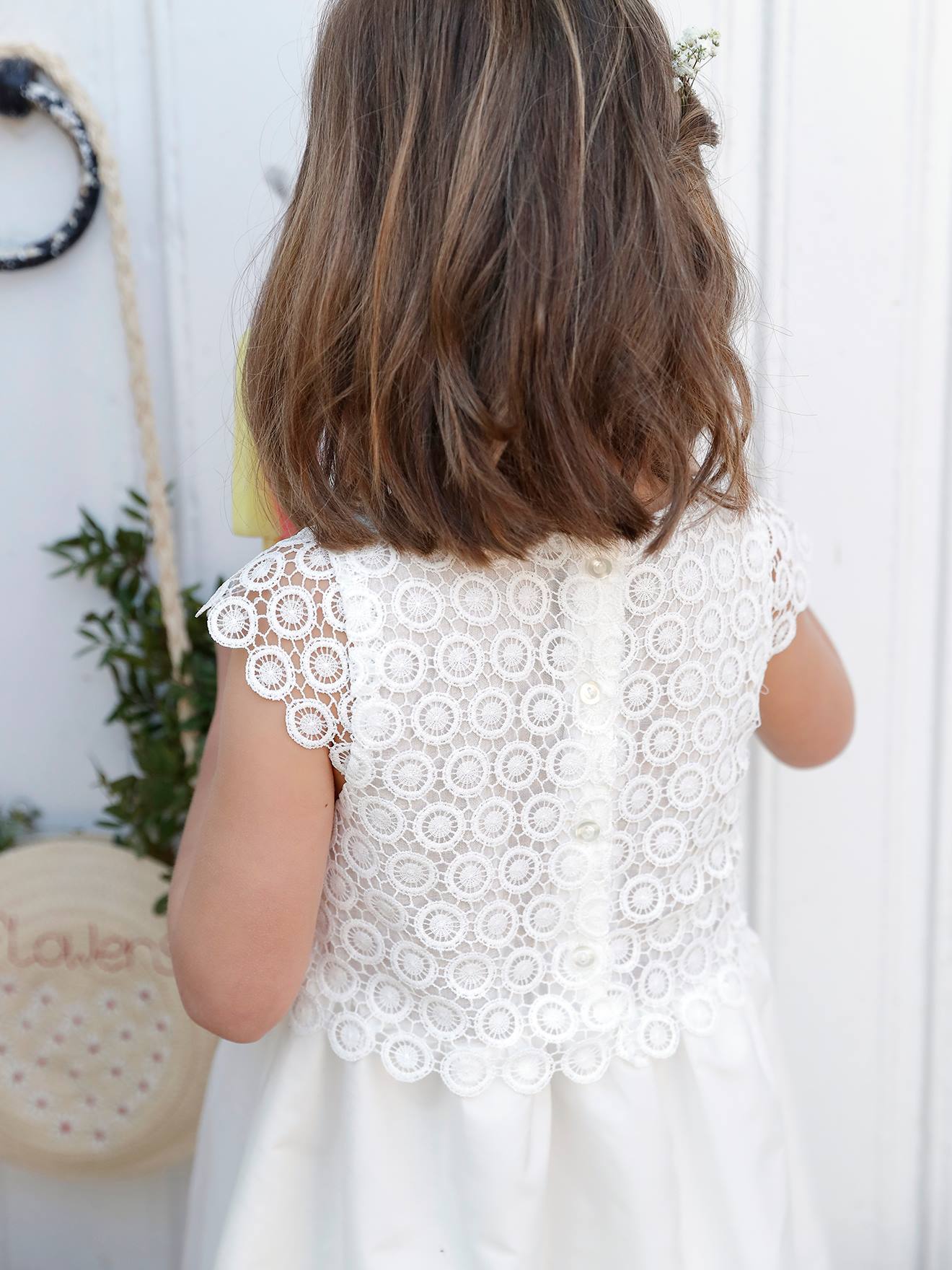 Robe de cérémonie effet 2 en 1 superposition en macramé fille ivoire