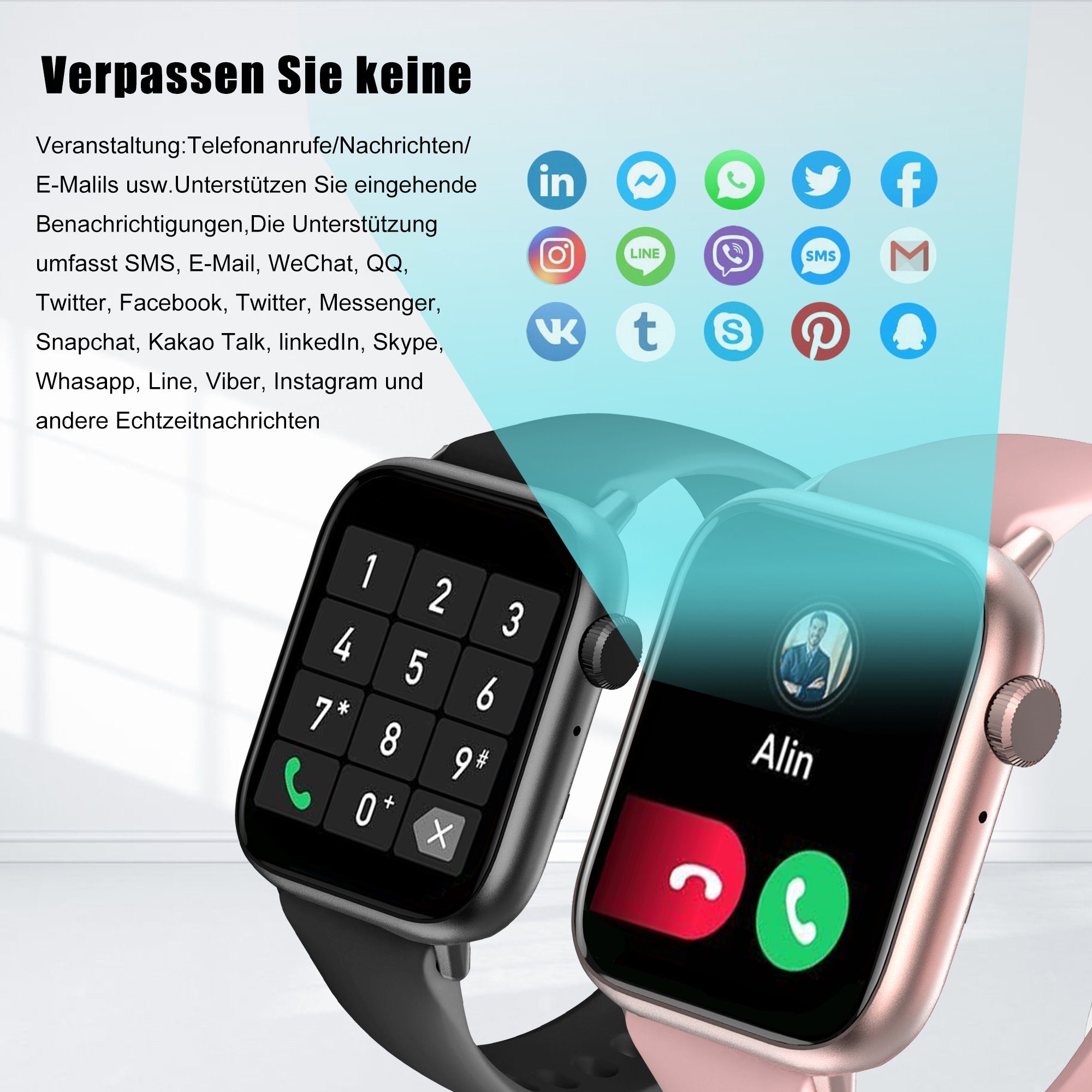 Tisoutec Smartwatch Damen Herren mit Telefonfunktion Fitness Tracker Fitnessuhr Smartwatch (Fitnessuhr mit Telefonfunktion/WhatsApp Notiz,Smartwatch Fitness Tracker Uhr IP67 Wasserdicht,1.83