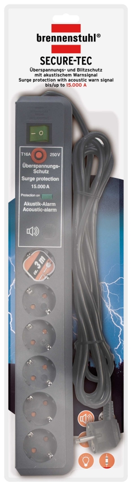 Brennenstuhl 1159540376 Secure-Tec 19.500A overspændingsbeskyttelses-strømskinne, akustisk 6-vejs antracit 3m H05VV-F 3G1.5