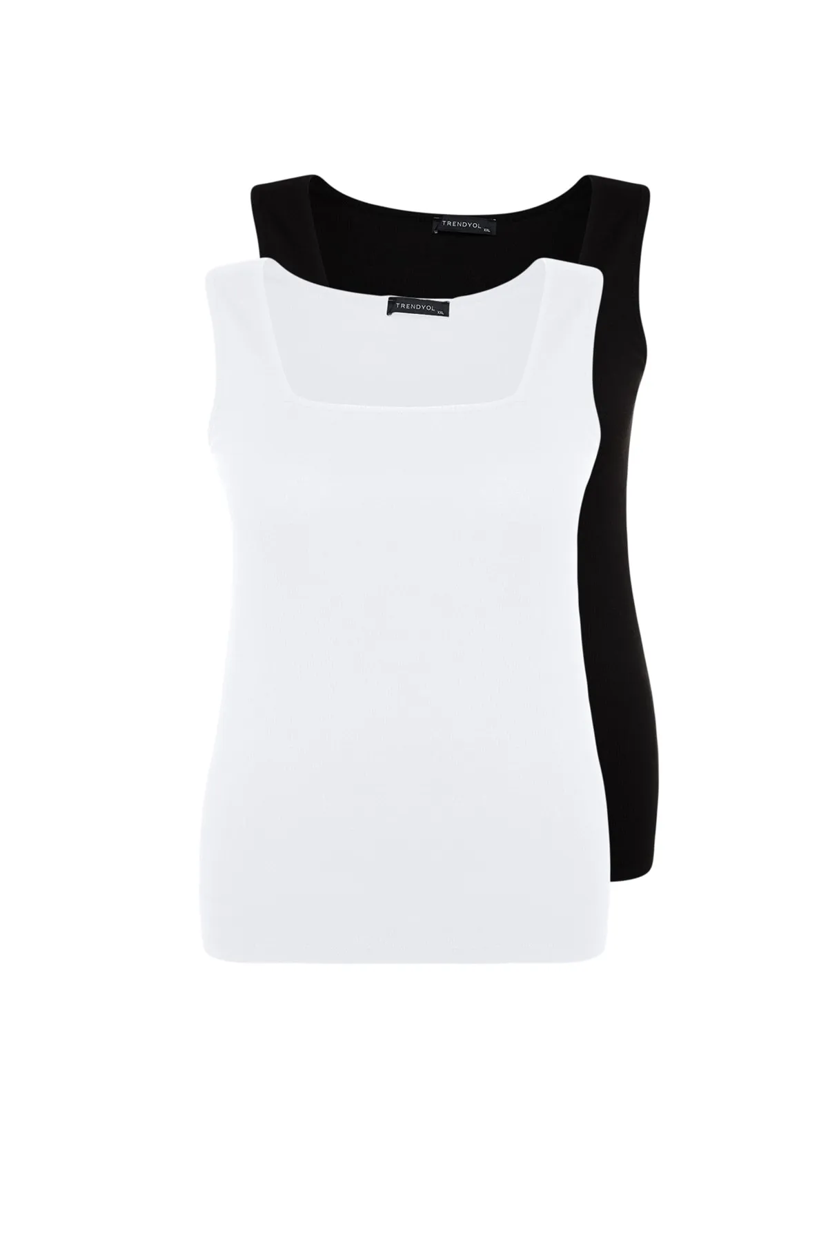 Trendyol Curve  Schwarz-weißes, schnurgebundenes Basic-Tanktop mit quadratischem Kragen im 2er-Pack TBBSS22AL0024
