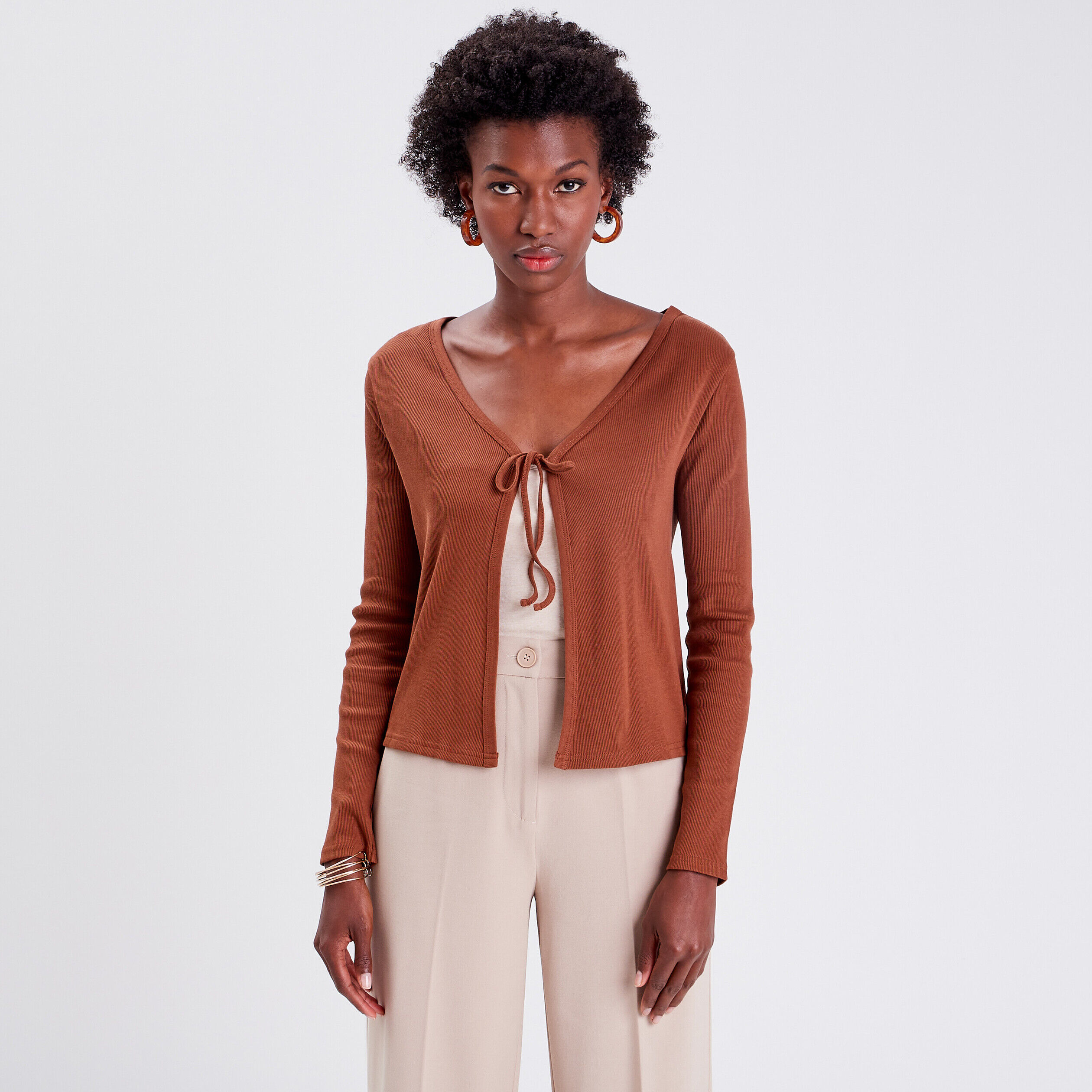 Gilet manches longues marron femme | Cache Cache