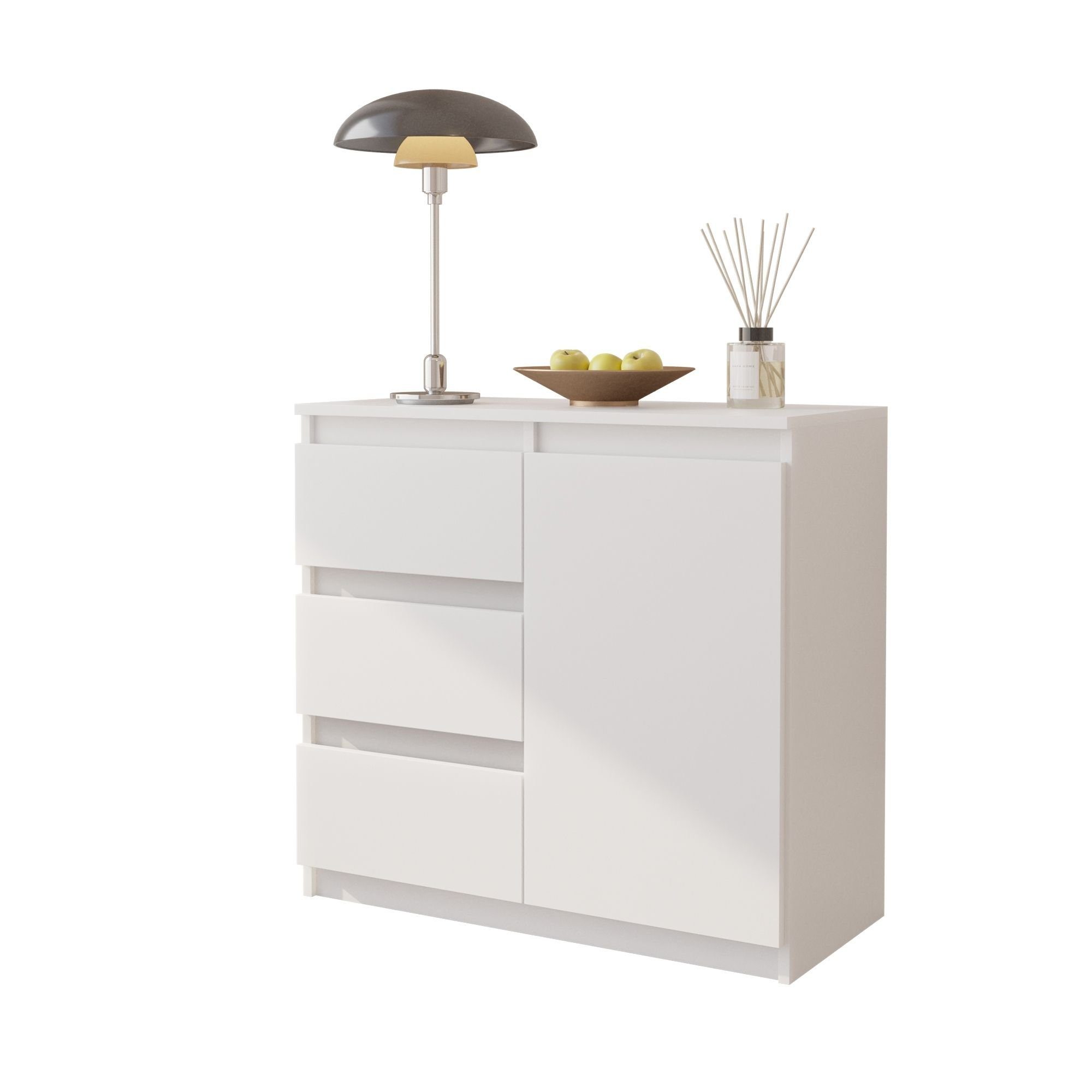 Furnica Kommode MIKEL, 3 Schubladen und 1 Tür - Weiß Matt H75cm B80cm T35cm (1 St)