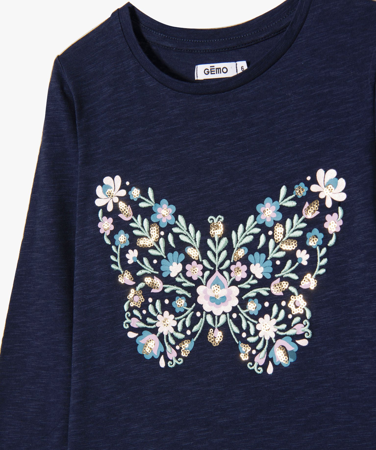 Tee-shirt à manches longues avec motif brodé fille marine | GEMO