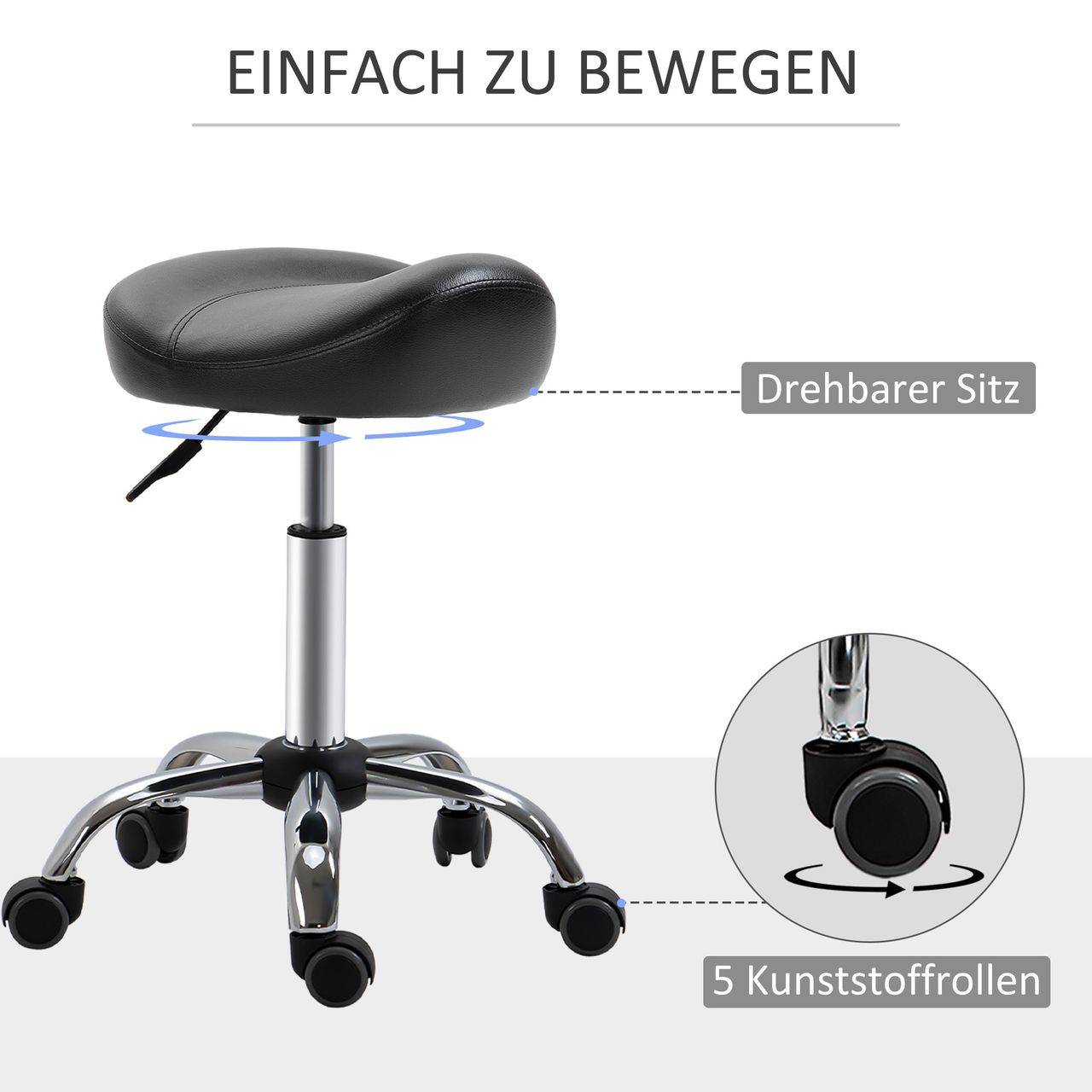 HOMCOM Rollhocker Höhenverstellbar Arbeitshocker mit Rädern für Massage Schwarz