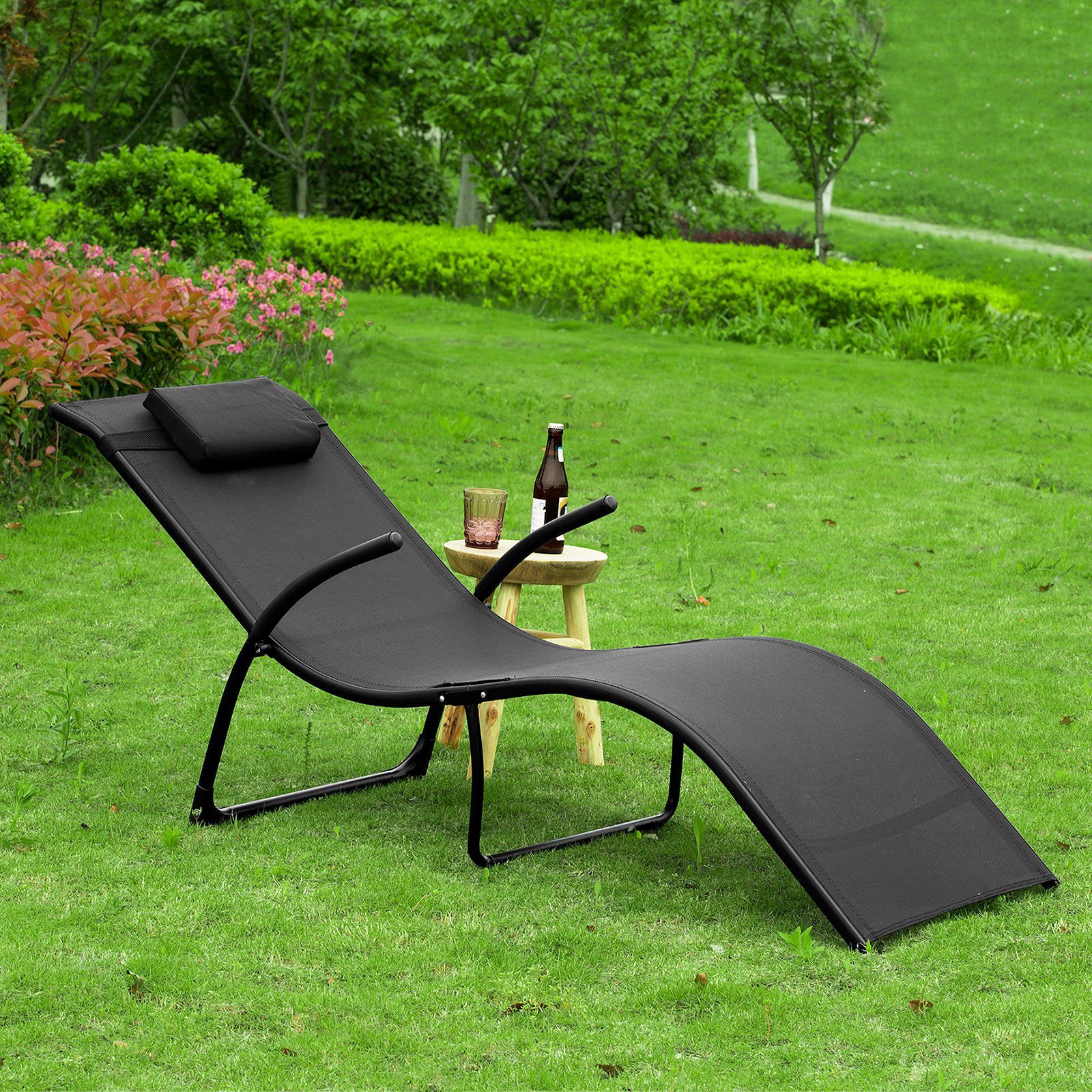 SoBuy Gartenliege OGS45 Sonnenliege klappbar Relaxstuhl Liegestuhl mit Kopfkissen Klappliege Schwarz Belastbarkeit 150 kg