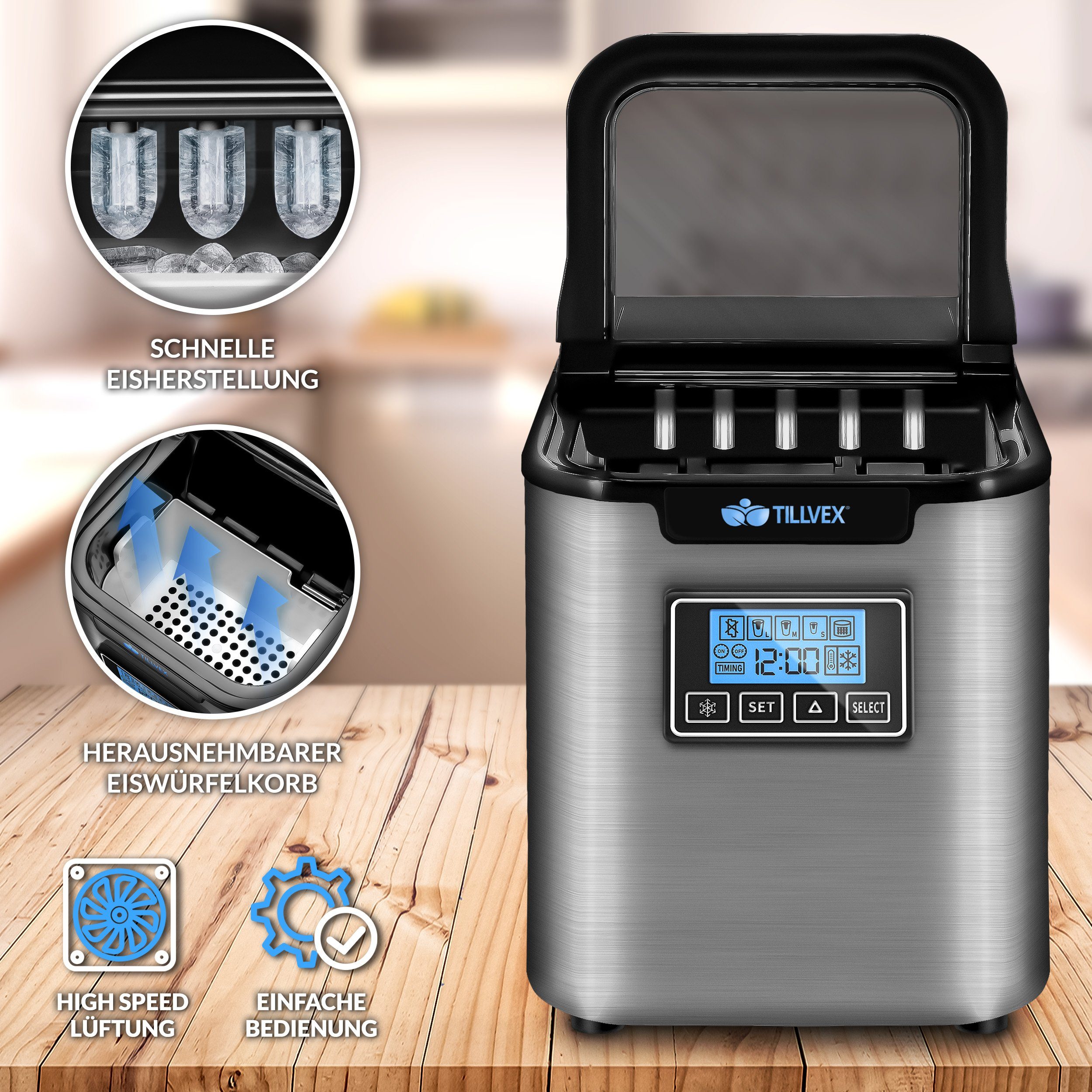 tillvex Eiswürfelmaschine Edelstahl 12 kg - 24h, Eiswürfelbereiter mit Timer, 2,2 Liter Wassertank, Ice-Maker LCD-Display