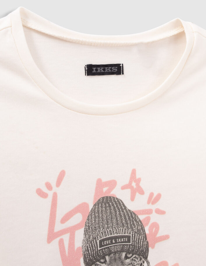 T-shirt écru visuel léopard fond tag pailleté fille