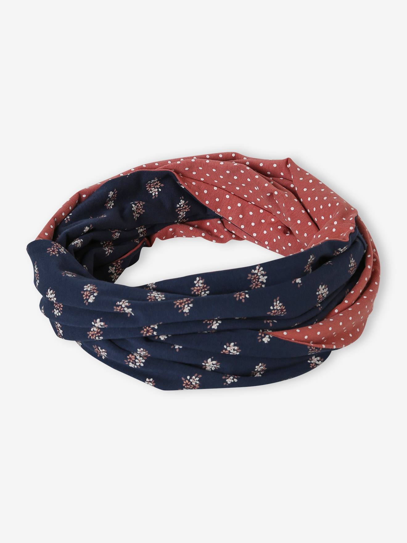 Snood fille réversible bouquets/pois marine