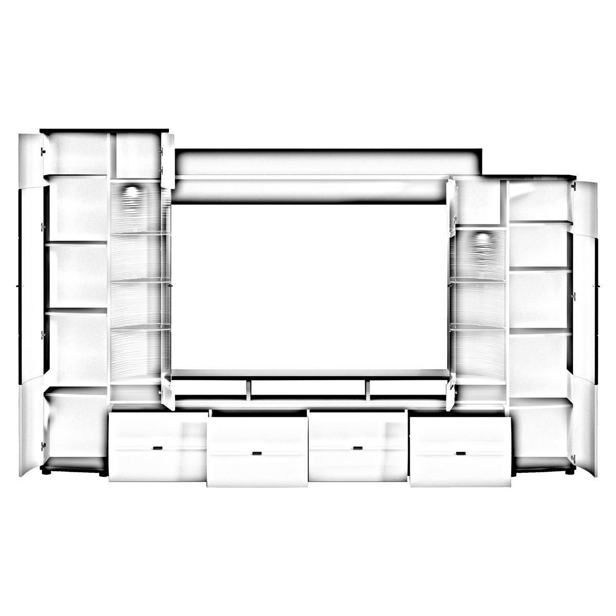 möbelando Wohnwand Flori, Moderne Wohnwand, Front aus MDF in Artisan-Eiche / Anthrazit mit Glasabsetzung, Korpus aus melaminharzbeschichteter Spanplatte in Anthrazit / Artisan-Eiche, mit 1 TV-Lowboard, 1 Wandboard, 2 Vitrinen, mit 4 Türen, 4 Schubkäs