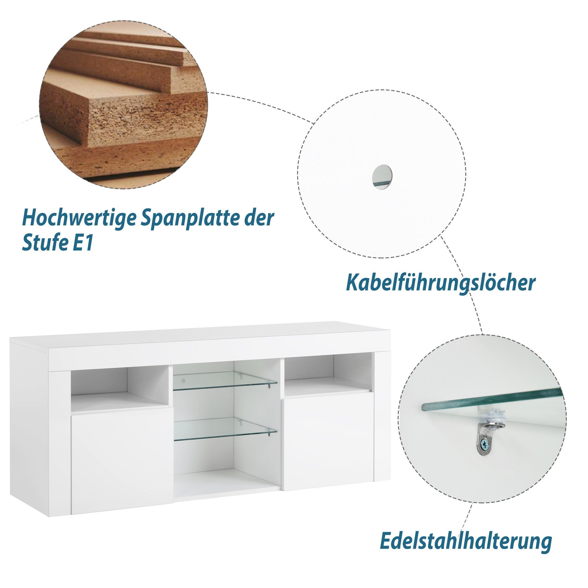 Merax Lowboard mit 2 Glasablagen und 2 Schubkästen, TV-Schrank mit 16 Farben LED-Beleuchtung, Breite 120cm