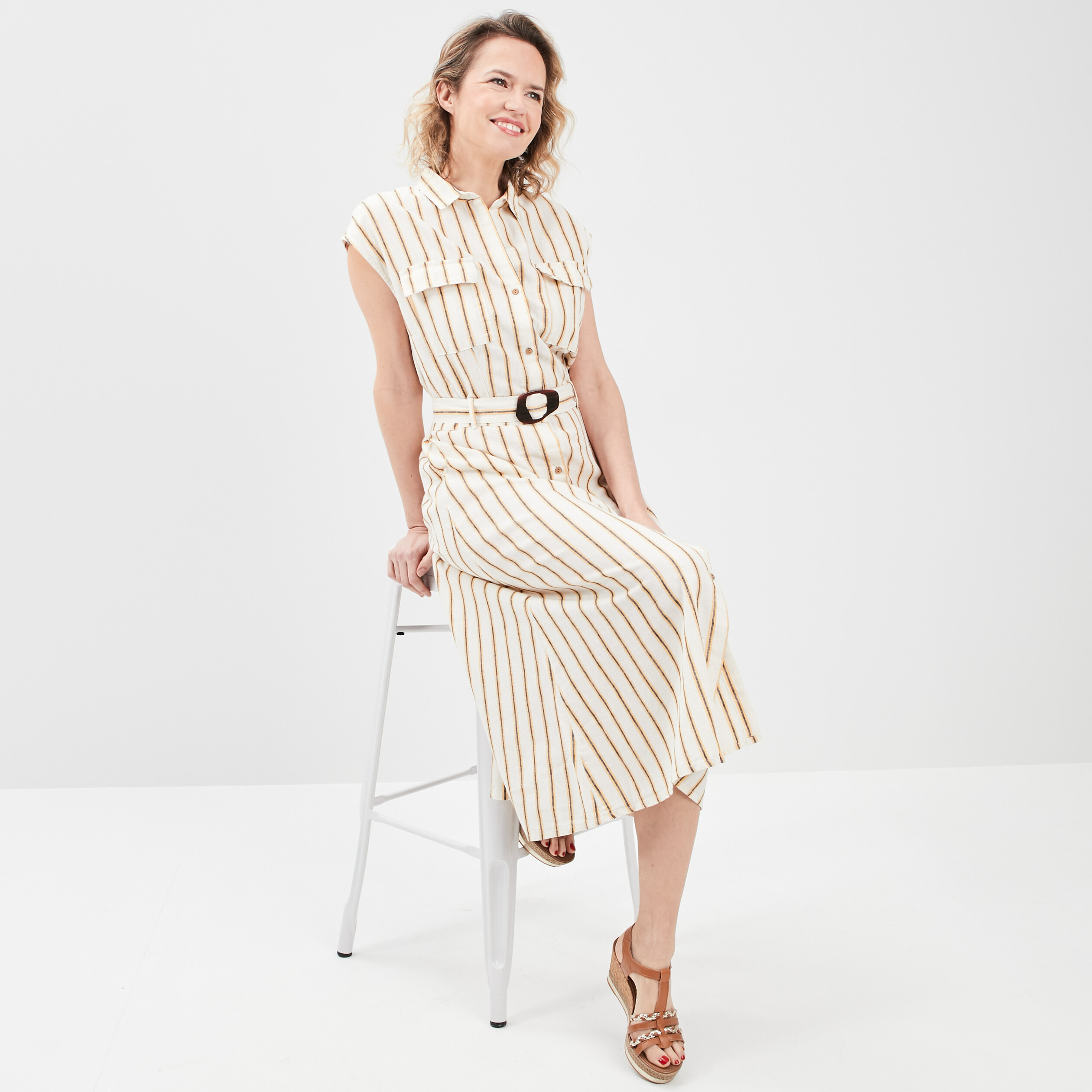 Robe longue patineuse lin majoritaire ecru femme | La Halle