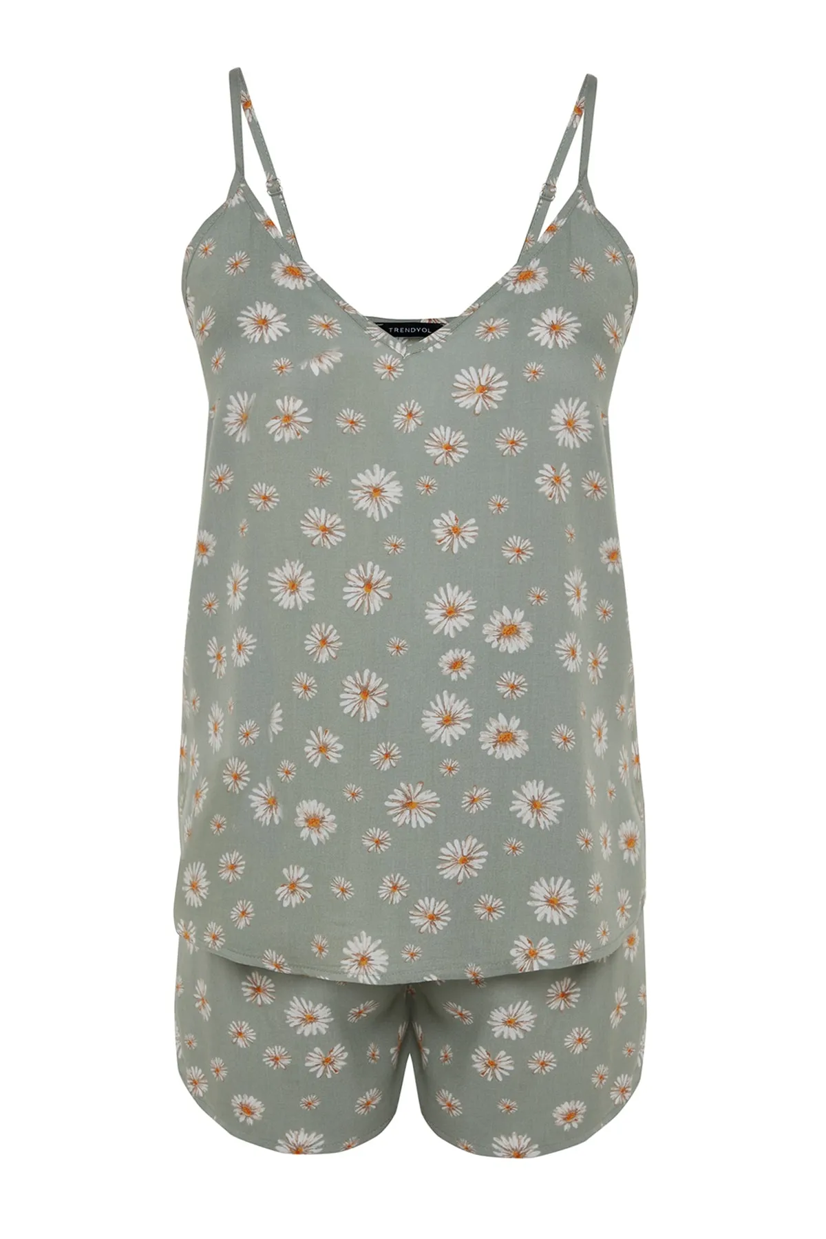 Trendyol Collection  Hellgrünes Pyjama-Set aus Viskosegewebe mit Blumenmuster und Schnürriemen THMSS23PT00006