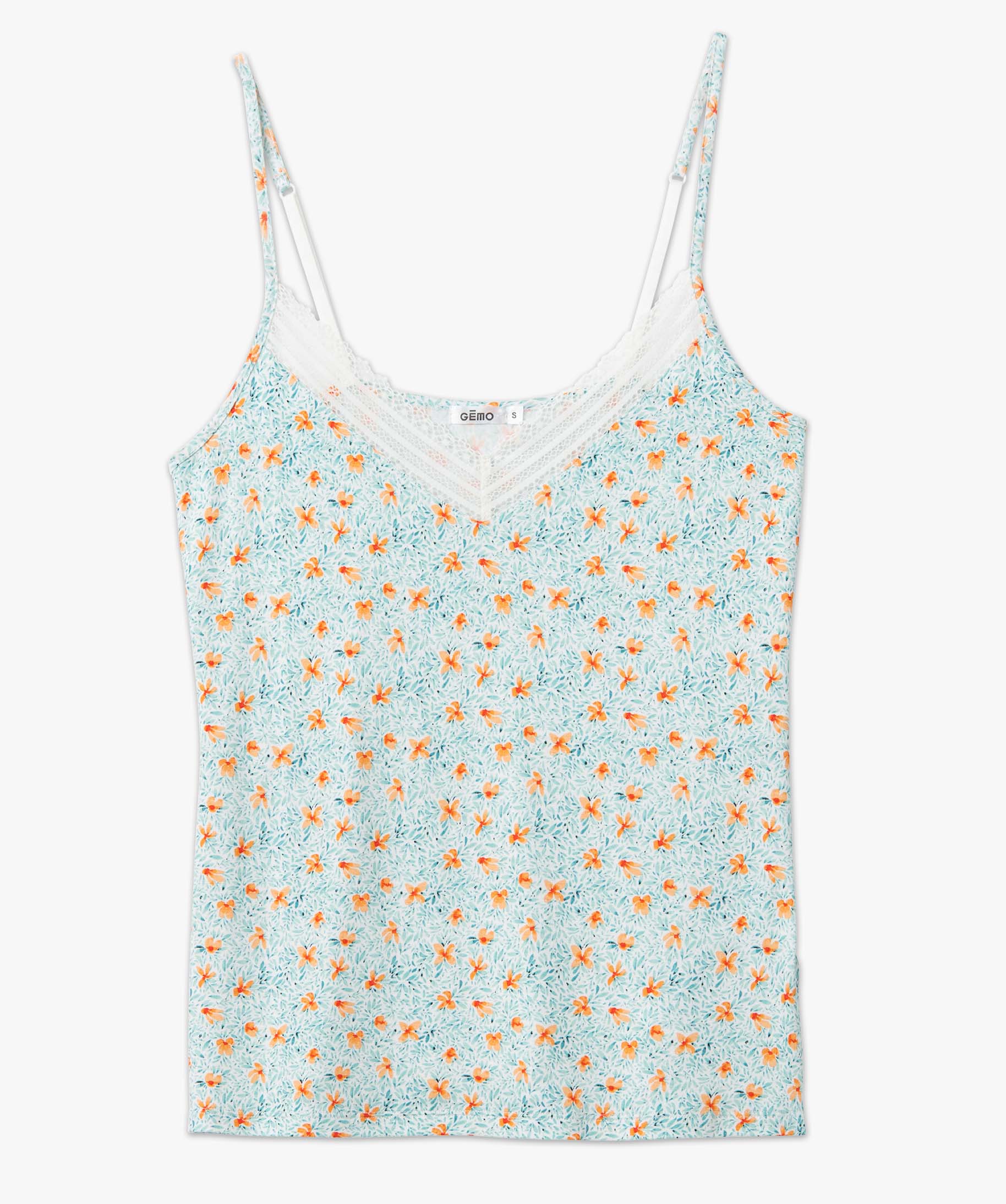 Haut de pyjama femme à fines bretelles et dentelle imprime | GEMO