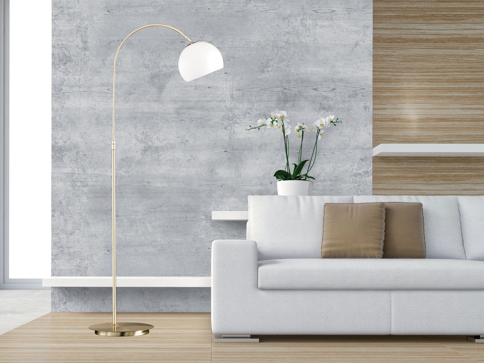 meineWunschleuchte LED Bogenlampe, LED wechselbar, Warmweiß, Designer Stehlampe ge-bogen gold-en, Glas Lampenschirm weiß, H: 140cm