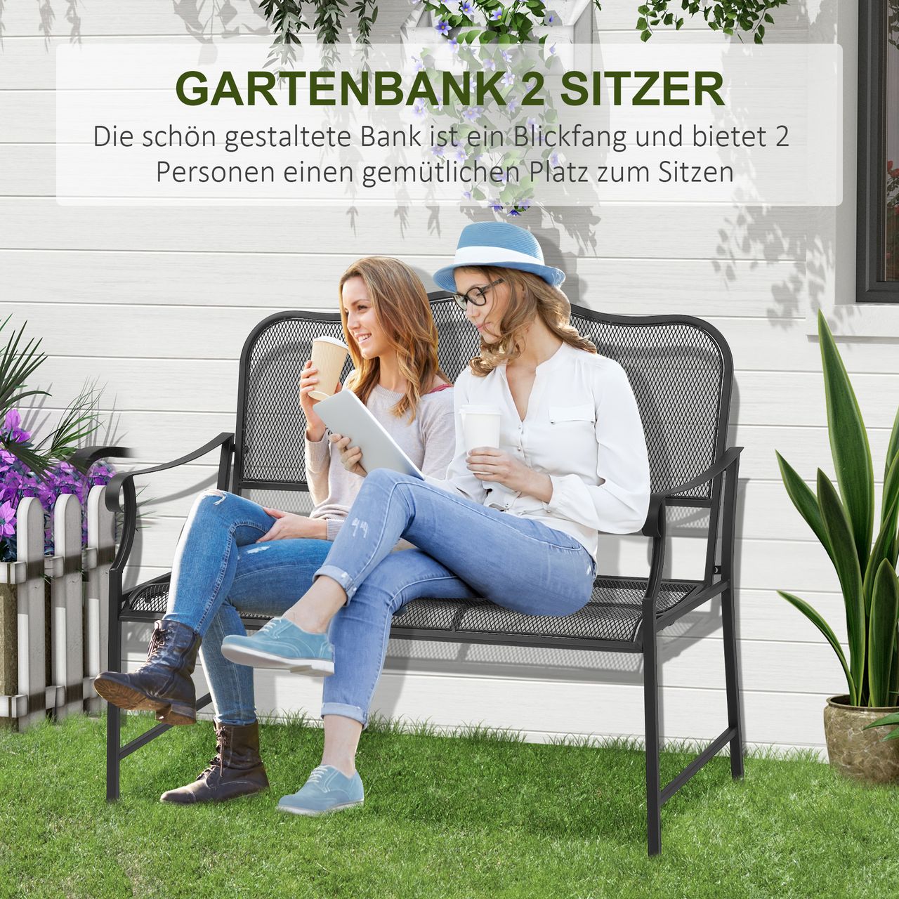 Outsunny Gartenbank 2-Sitzer Parkbank Sitzbank Terrassenbank bis 220 kg belastbar mit Rückenlehnen Metall Schwarz 113 x 58 x 98 cm