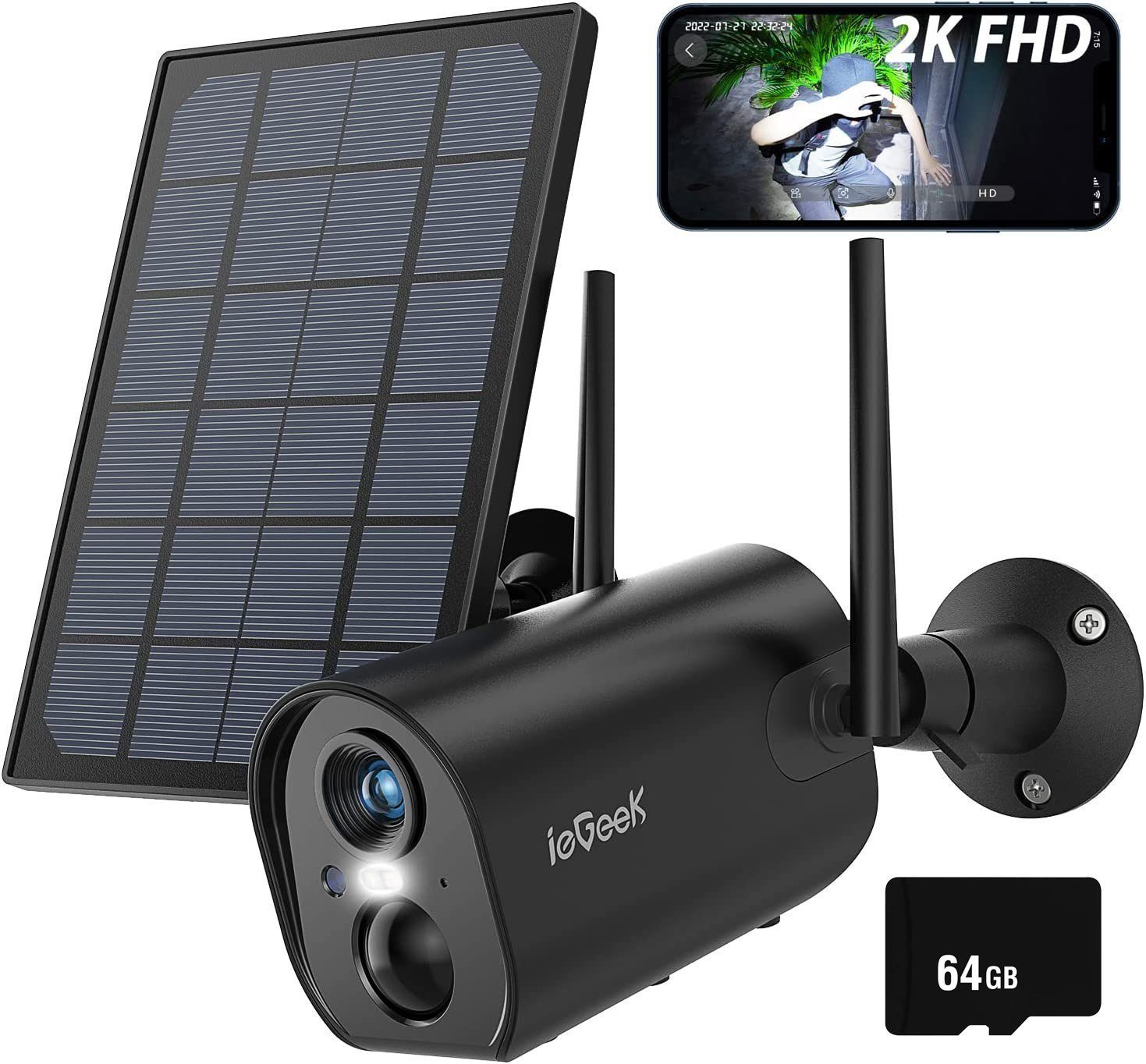 ieGeek 2K 3MP Überwachungskamera Aussen solar,Kabellos Kamera mit SD Karte Überwachungskamera (Aussen Außen Außenbereic Innenbereich, Videoverlauf,Multi-Device-Sharing,Arbeit mit Alexa,IP65 wasserdicht, FHD,4-dBi-Antenne,PIR-Bewegungserkennung&Sirene