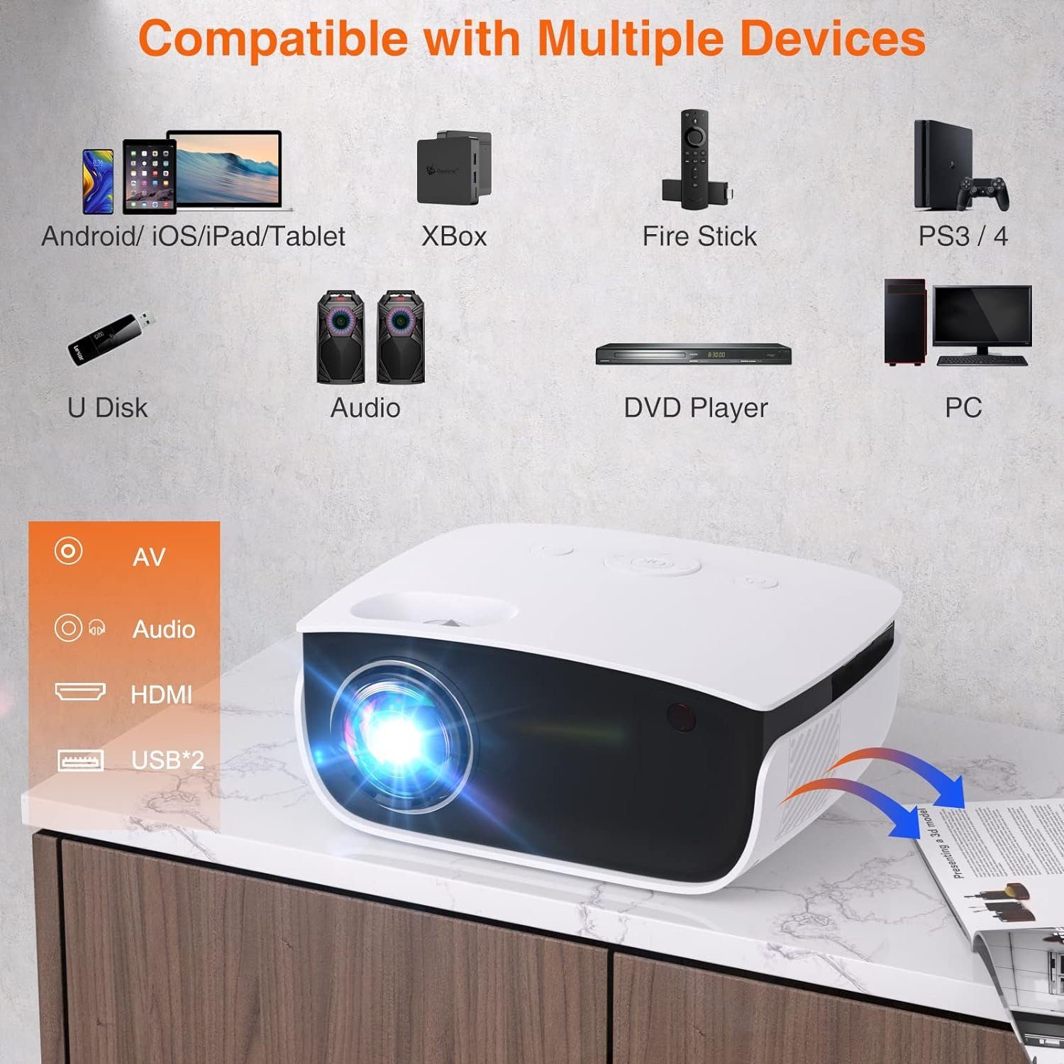 TOPVISION Heimkino Beamer Unterstützung Full HD [Bildschirm Inklusive] Video Portabler Projektor (7500 lm, 6000:1, 1920 x 1080P px, kompatibel mit Smartphone/TV-Stick/PS5/PC/Laptop, usb)