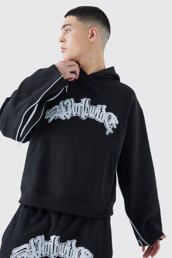 Kastiger Oversize Hoodie mit Applikation und Reißverschluss