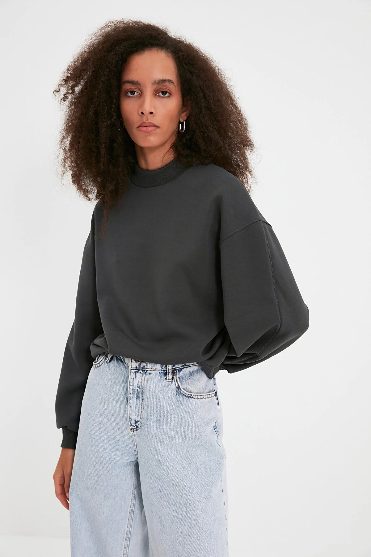 Trendyol Collection  Anthrazit Dickes Innenfleece Stehkragen Entspannte/Bequeme Passform Strick-Sweatshirt TWOAW20SW0584