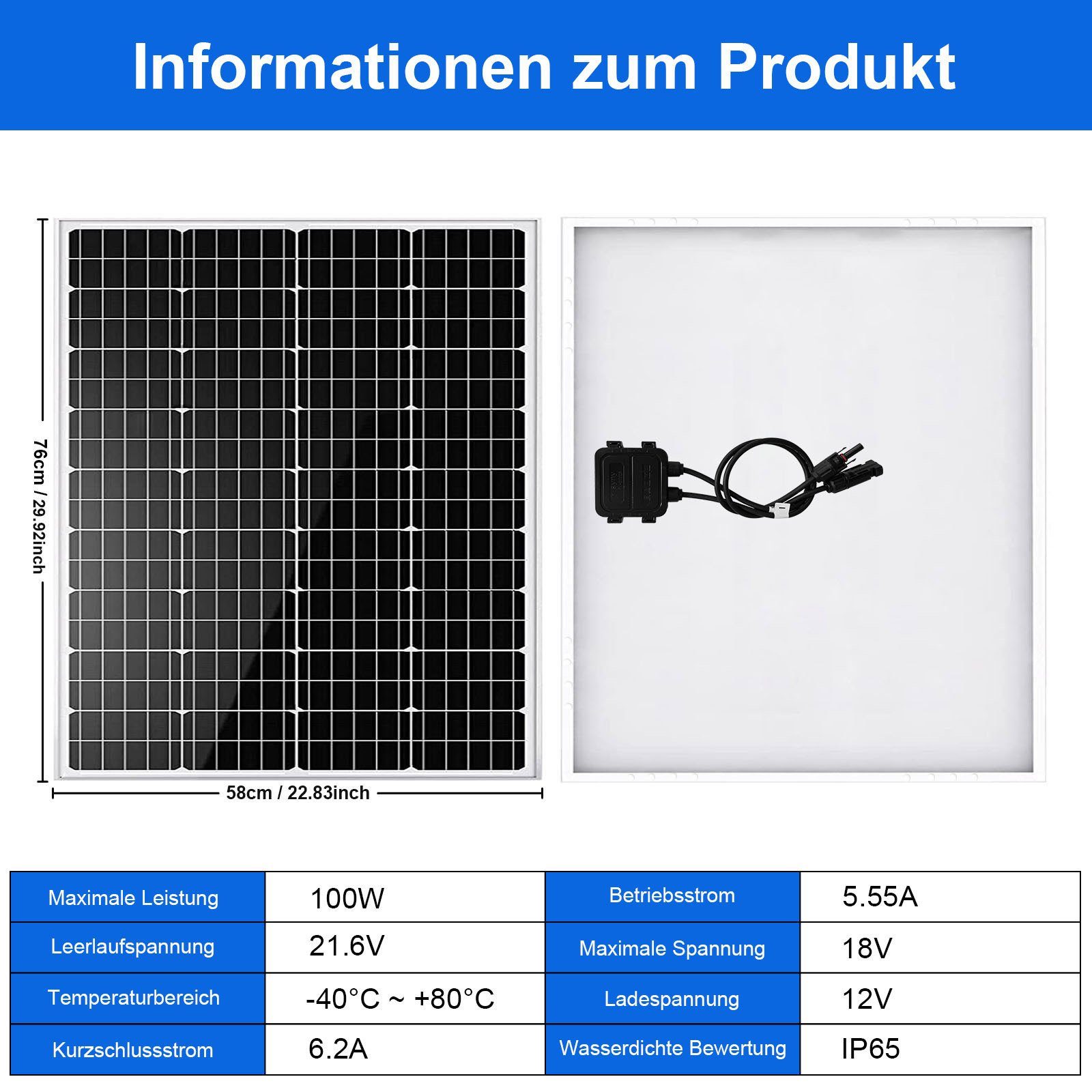 GLIESE Solarmodul 100 Watt 12 Volt Mono Solarpanel, 100,00 W, Monokristallin, (Set, 100W Solarmodul)