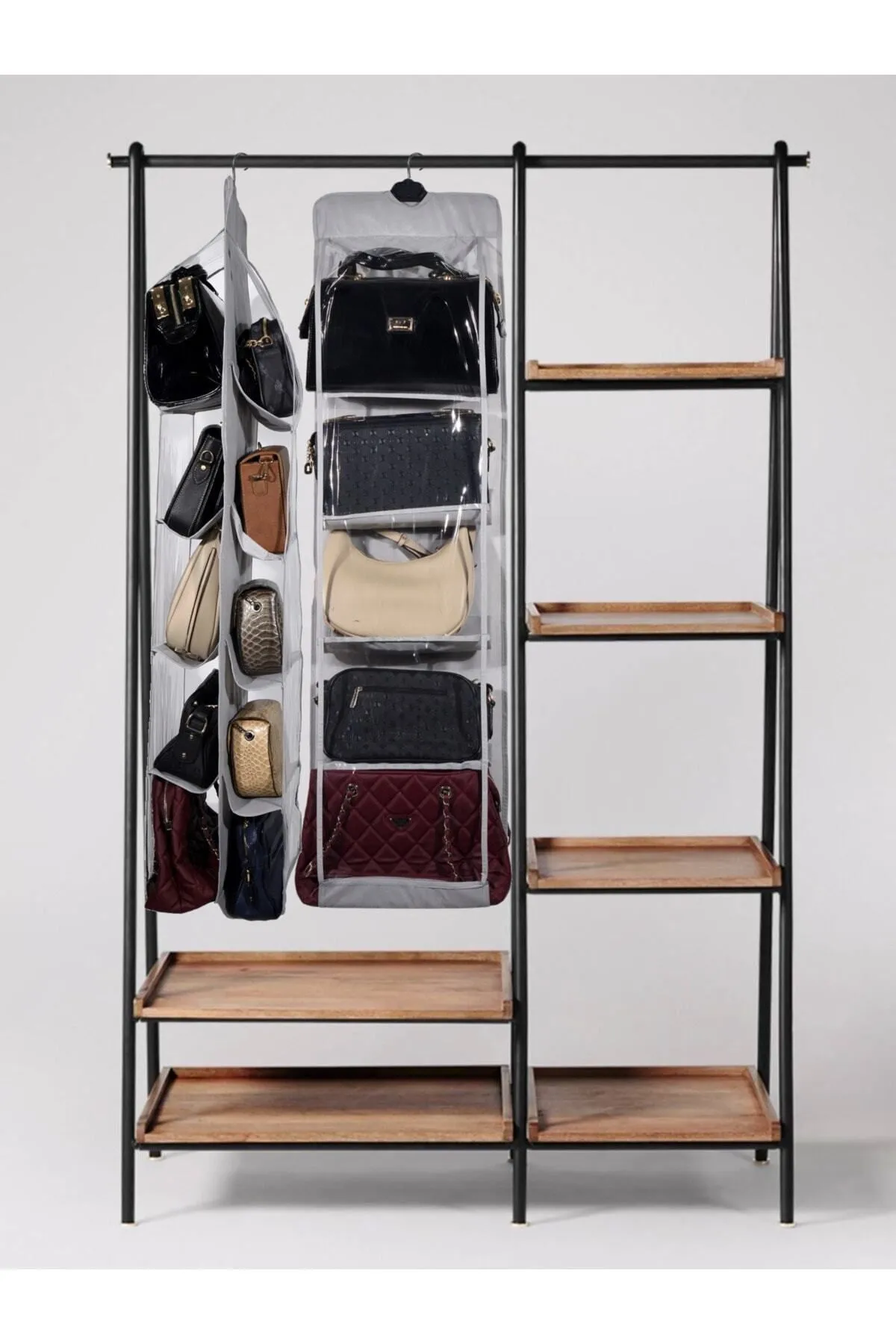 Seryat  Grauer Kleiderbügel aus Stahl mit 10 Fächern für den Schrank, Organizer für Taschen und Schuhe