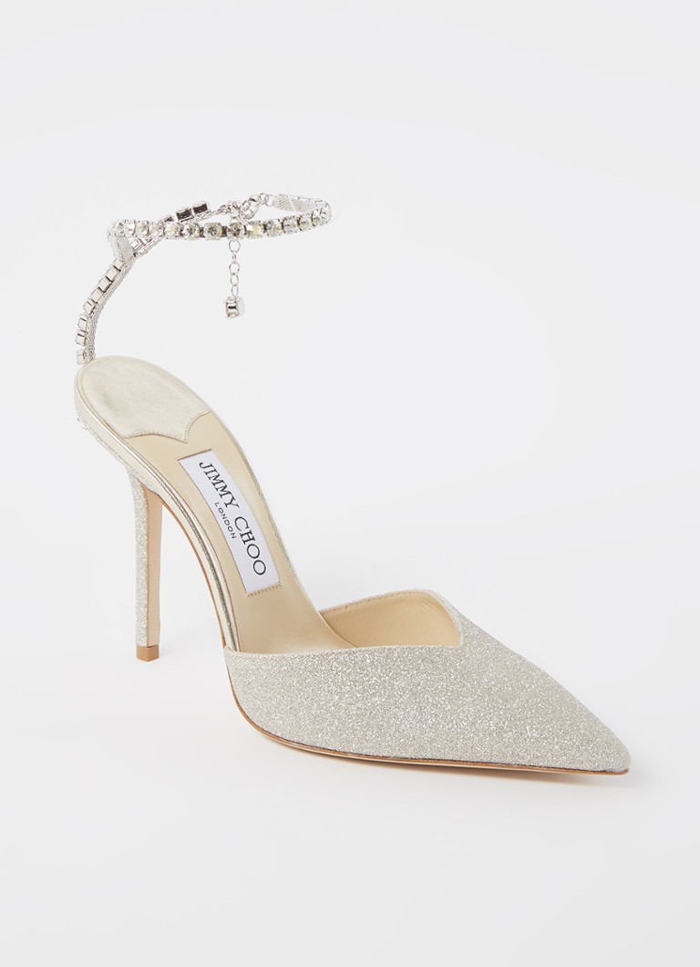Pantofi cu toc înalt Jimmy Choo Saeda, împodobiți cu paiete și cristale.