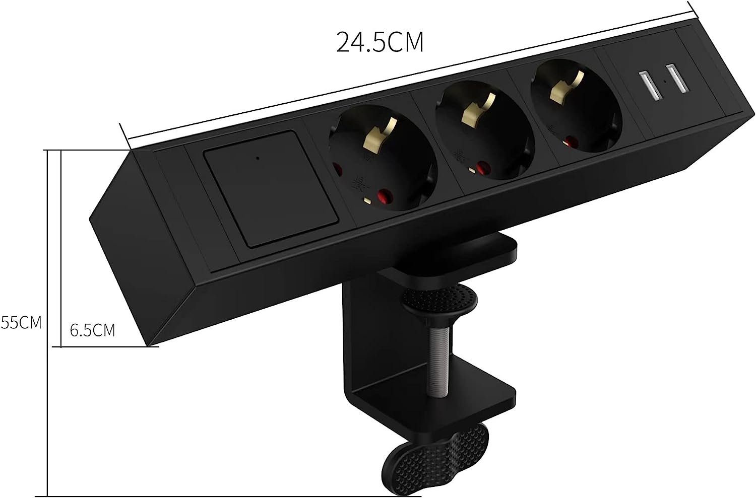 Super Solu Tischsteckdosenleiste mit Schalter /3-Fach und 2 USB Mehrfachsteckdose Steckdosenleiste 3-fach (Ein- / Ausschalter, Übersapannungschutz, Kabellänge 1.8 m), Schwarz, Bewegliche Schiebeschiene mit Metall Desktop Clip