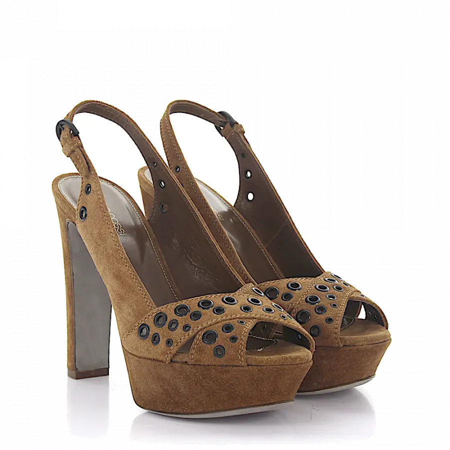 Sergio Rossi - Plateausandalen Veloursleder Lochmuster Metallösen braun - braun