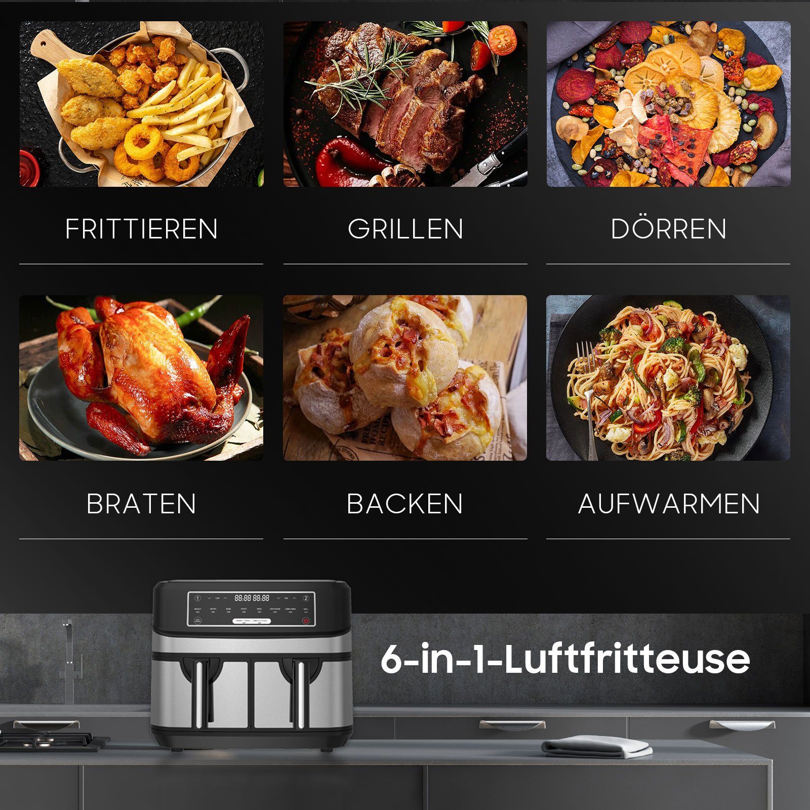 Senmudi Heißluftfritteuse Airfryer mit 2 Körben, Heißluftfritteuse ohne Öl 10 L, 8 Programmen, 2600,00 W, ohne Öl, XXL Friteuse Heissluft Fritteusen Air Fryer, 5L+5L