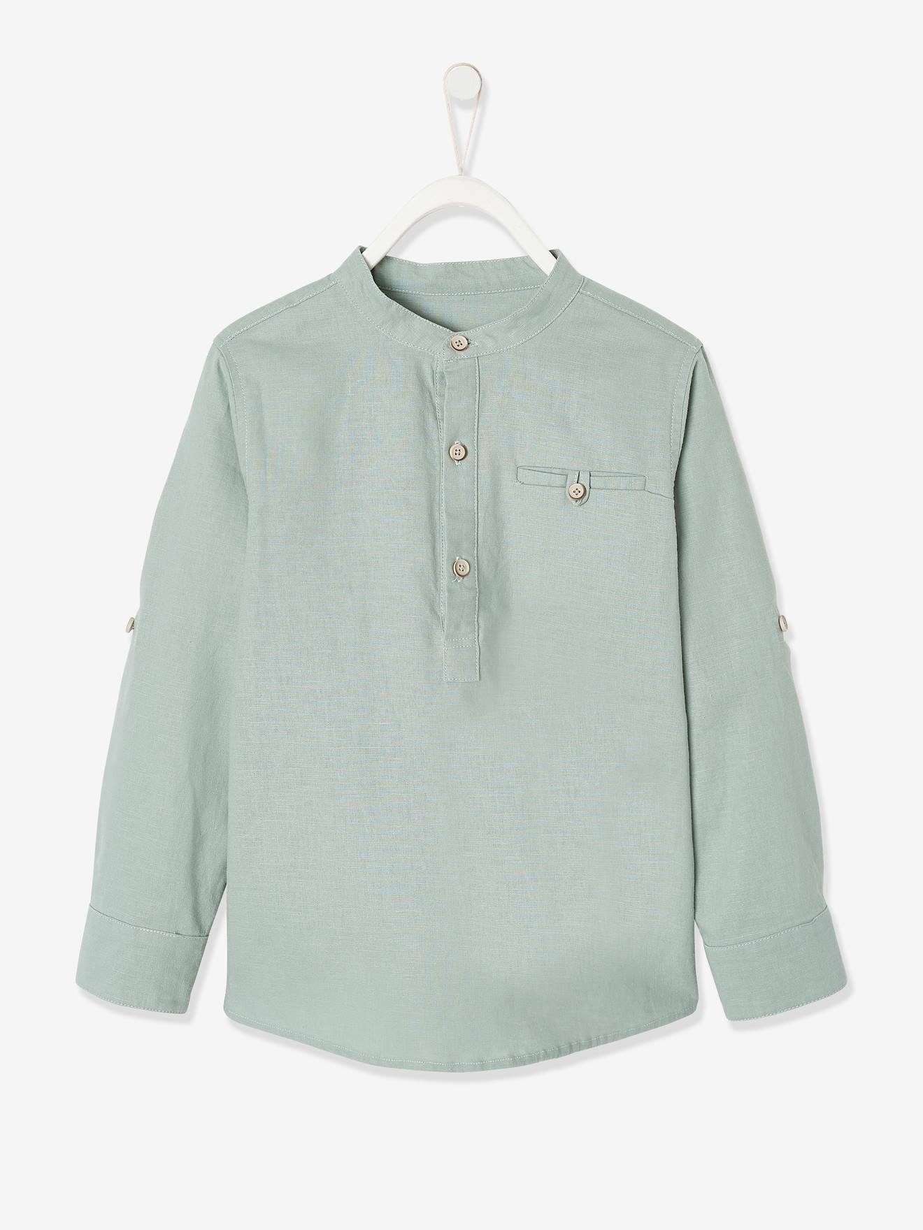 Chemise col Mao garçon en coton/lin manches longues vert