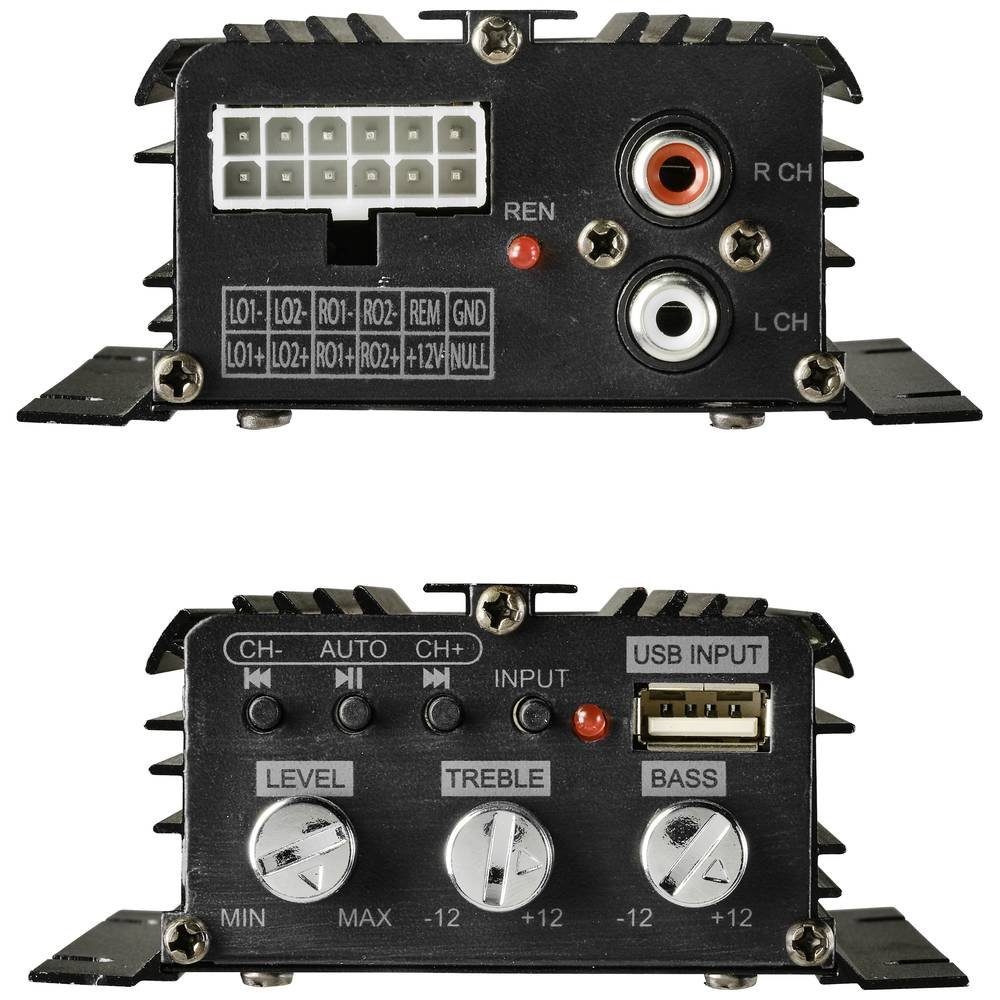 Renkforce 200 W 4-Kanal Auto-Verstärker Auto-Subwoofer (Bluetooth®-/USB-Audiowiedergabe, Lautstärke-/Bass-/Höhen-Regelung)