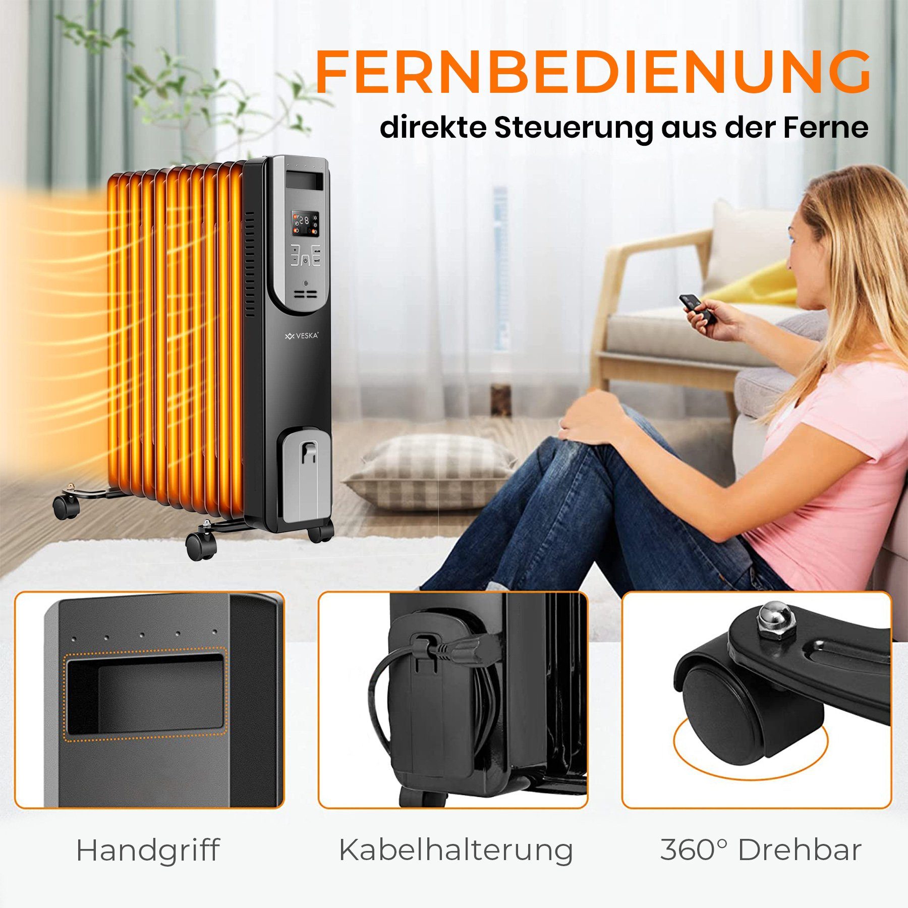 VESKA Heizkörper Ölradiator 2500W Elektro Heizung mit Fernbedienung, Timer, Thermostat, Abschaltautomatik, Überhitzungsschutz 2500 Watt