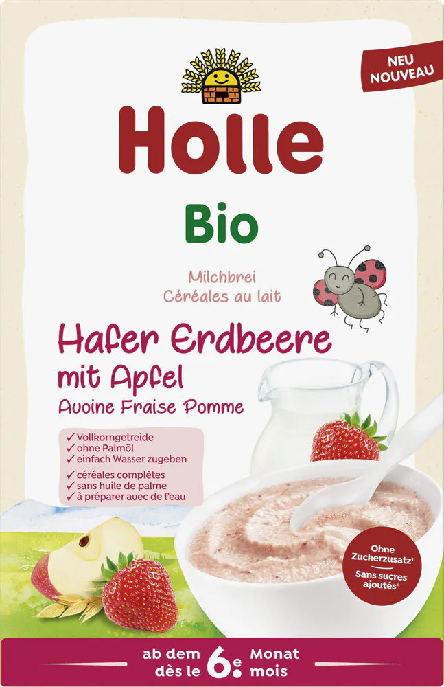 „Holle Bio“ viso grūdo pieno košė su avižiniais dribsniais, braškėmis ir obuoliais nuo 6 mėnesių amžiaus