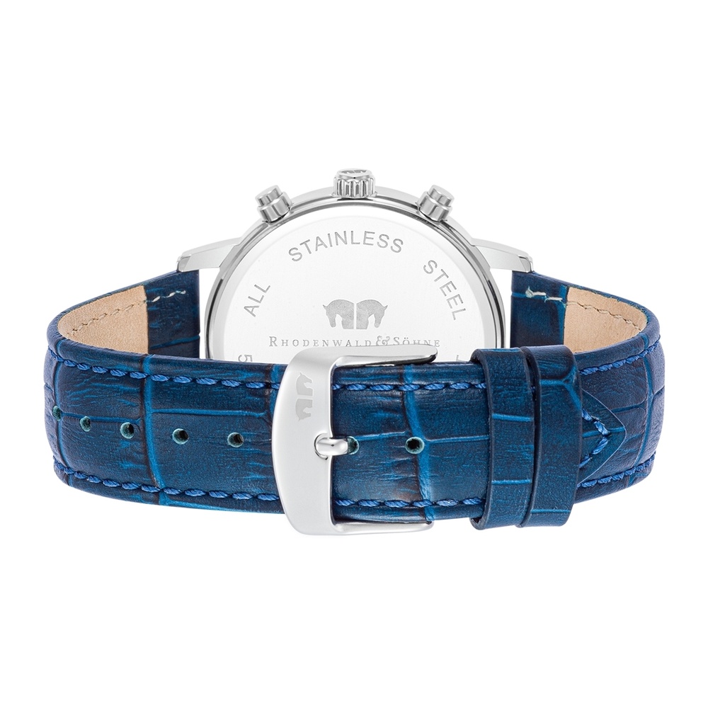 Rhodenwald & Söhne Chronographe Moonlight en Argent Cuir véritable en Bleu Montre