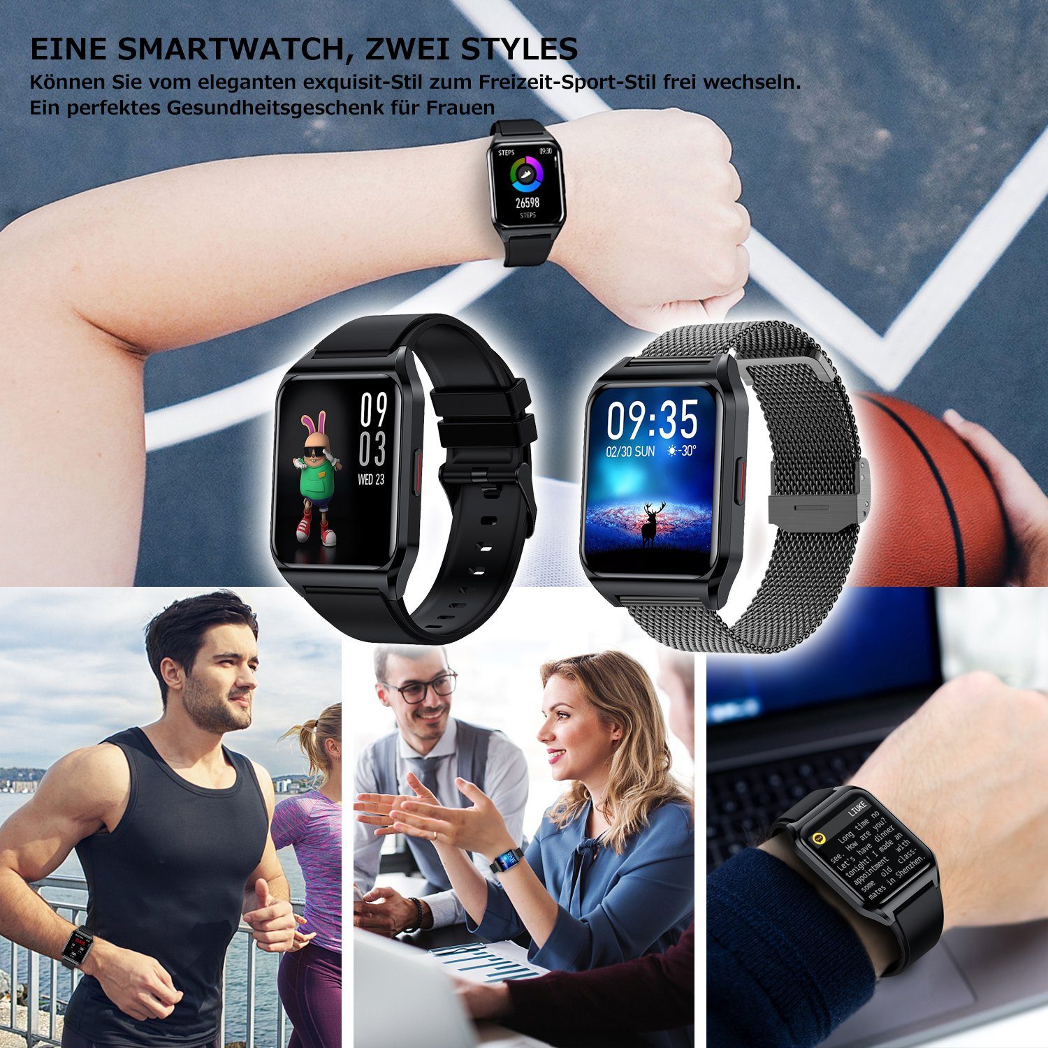 Mutoy Smartwatch, Fitness Tracker Uhr mit Anruffunktion für Damen Herren Smartwatch (1,69 Zoll HD Voll Touchscreen Zoll), mit Wechselband aus wechem Silikon und Milanaise Uhrenarmbänder, inkl.Ladestation(magneitsches Ladekabel), Herzfrequenz-Sensor