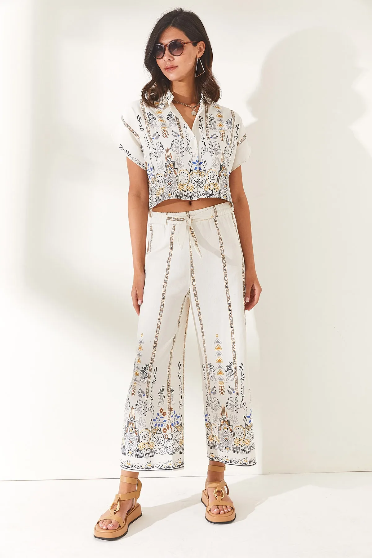 Olalook  Damen Blumen Kaffee Top Shirt Bottom Hose Leinen Mischgewebe Set TKM-19000202