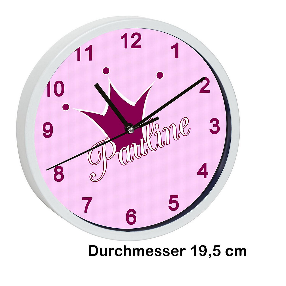 Kinder Wanduhr laufruhig personalisiert mit Name Krone rosa
