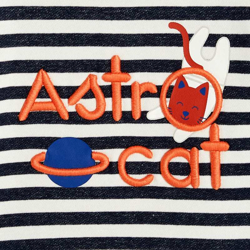 Sweat molleton rayé chat astronaute bleu bébé garçon