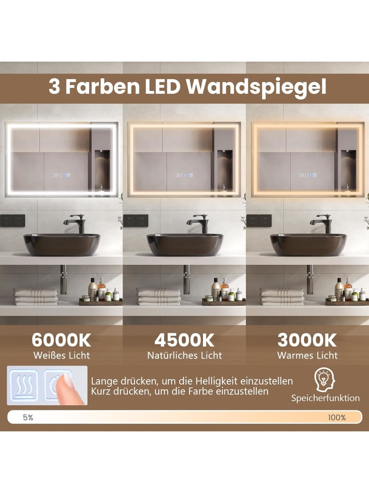 COSTWAY Badspiegel LED 3000-6000K mit Zeitanzeige & Speicherfunktion in Silber günstig kaufen onesize