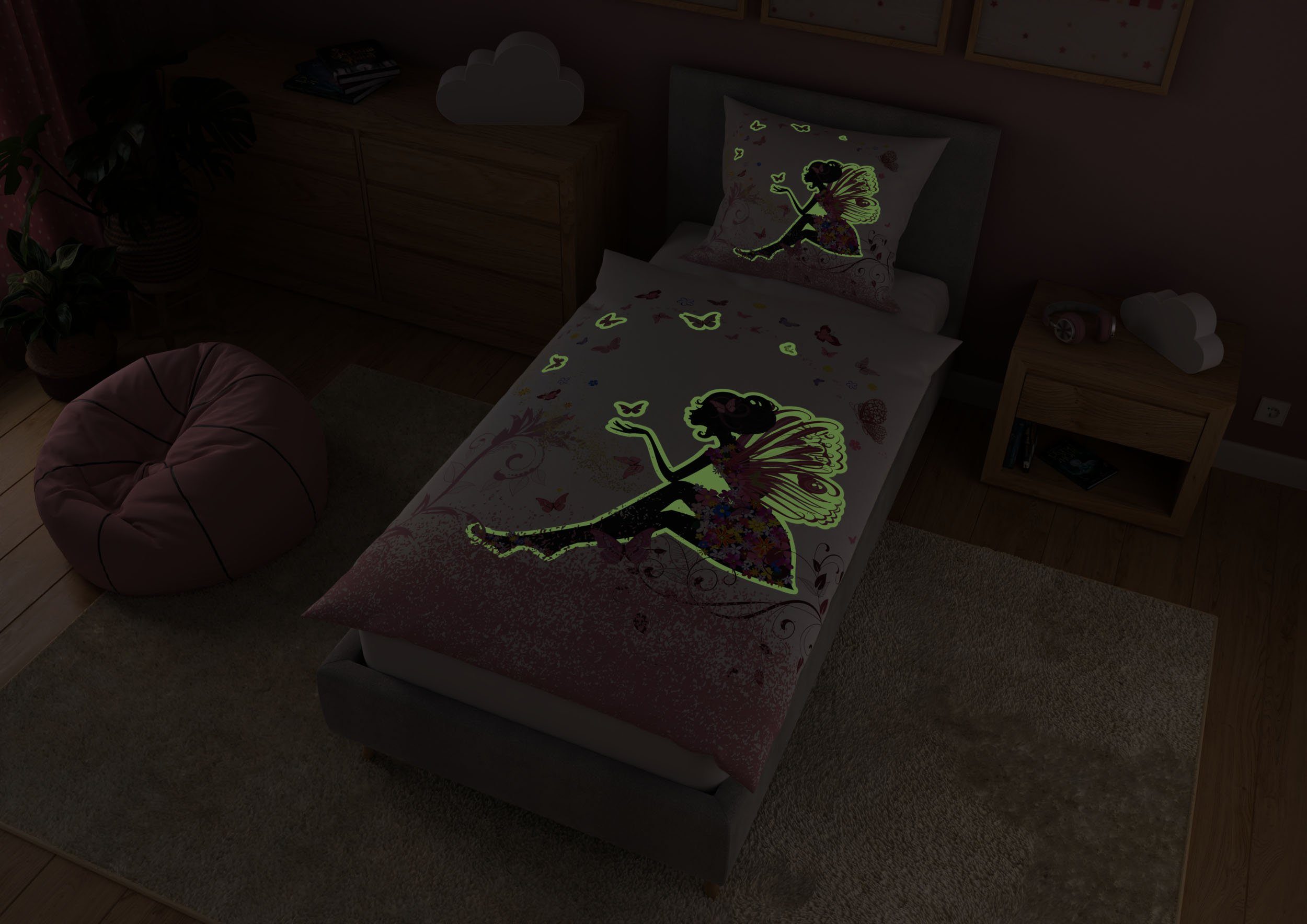 Kinderbettwäsche Leuchtende Bettwäsche 135x200 Rosa Bettbezug Mädchen Fee + 10 SPIELE, Carpe Sonno, Baumwolle, 2 teilig, GLOW IN THE DARK Elfe Kinder Bettwäsche Schmetterling