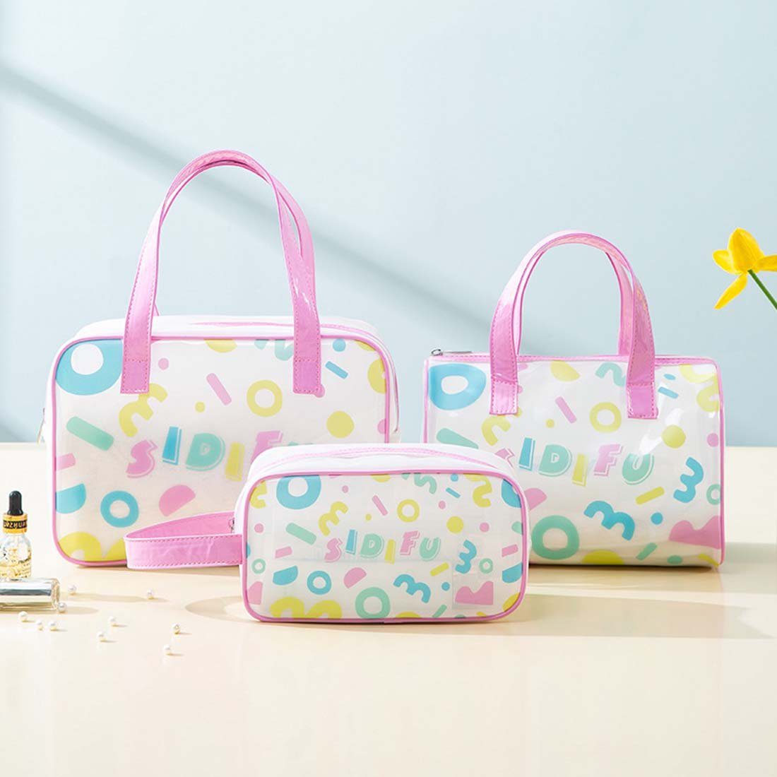 FIDDY Aufbewahrungstasche Dreiteiliges Set aus transparenter Kosmetiktasche, Kulturbeutel (Aufbewahrungstasche und tragbarem Reisetaschen-Set mit großem Fassungsvermögen, 3-tlg)
