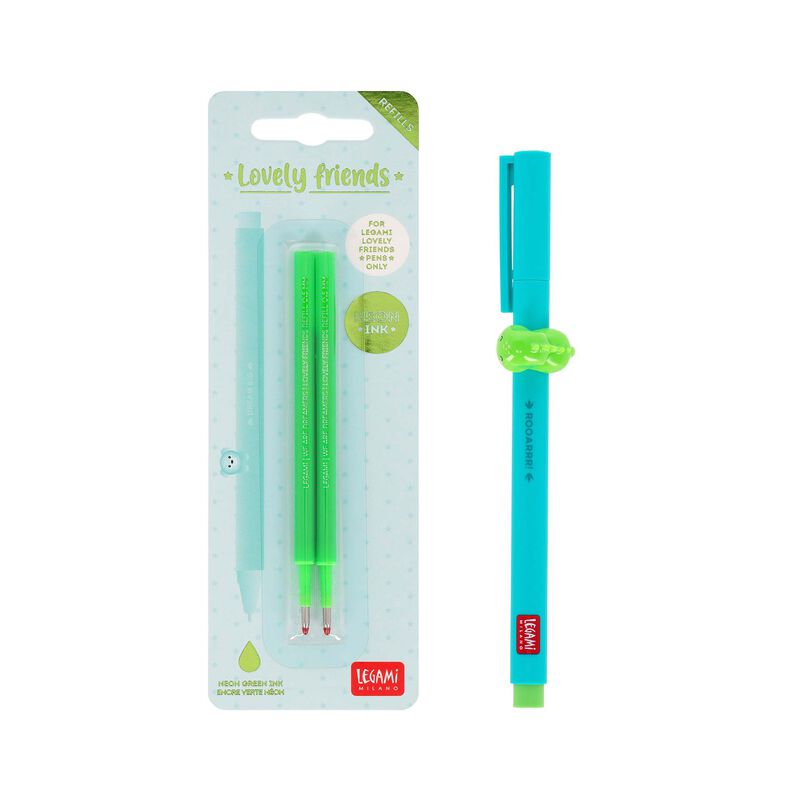Lindo conjunto de canetas Dino com refil verde neon